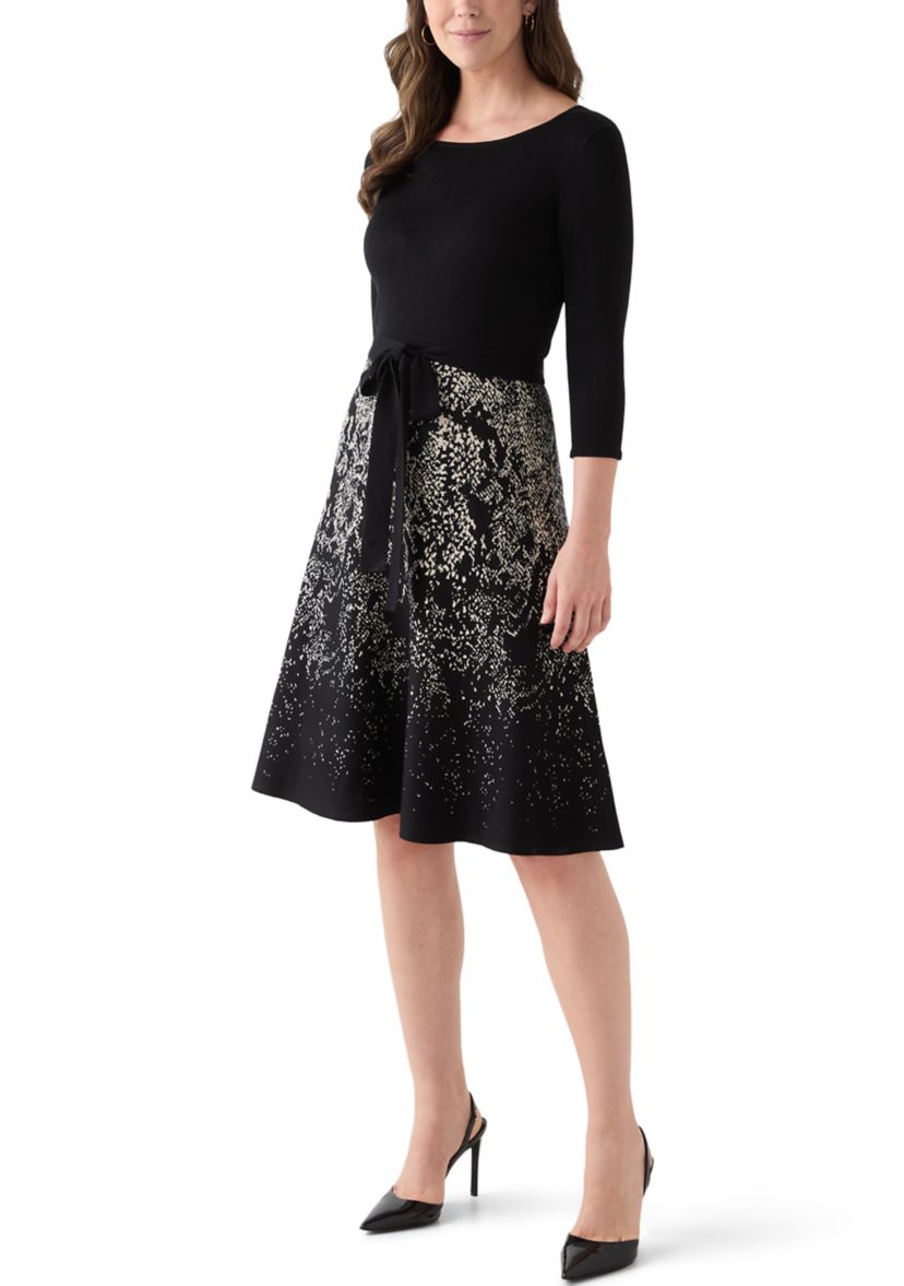 Womens Crew Neck Fit and Flare Print Sweater Dress