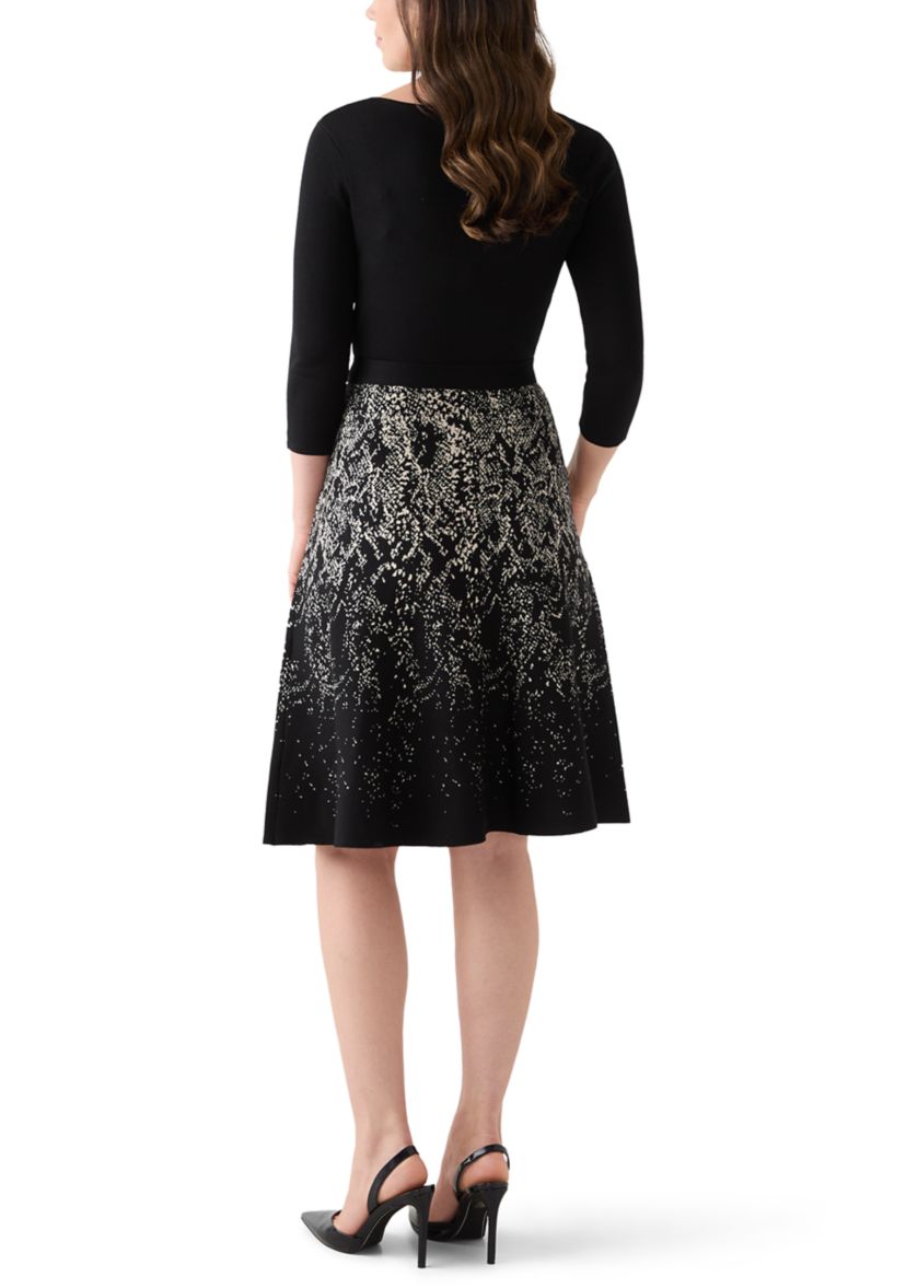 Womens Crew Neck Fit and Flare Print Sweater Dress