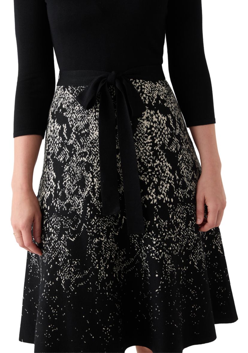 Womens Crew Neck Fit and Flare Print Sweater Dress
