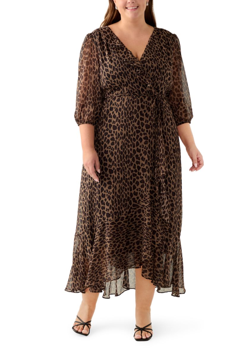 Plus Size V-Neck Animal Print Chiffon Maxi Dress