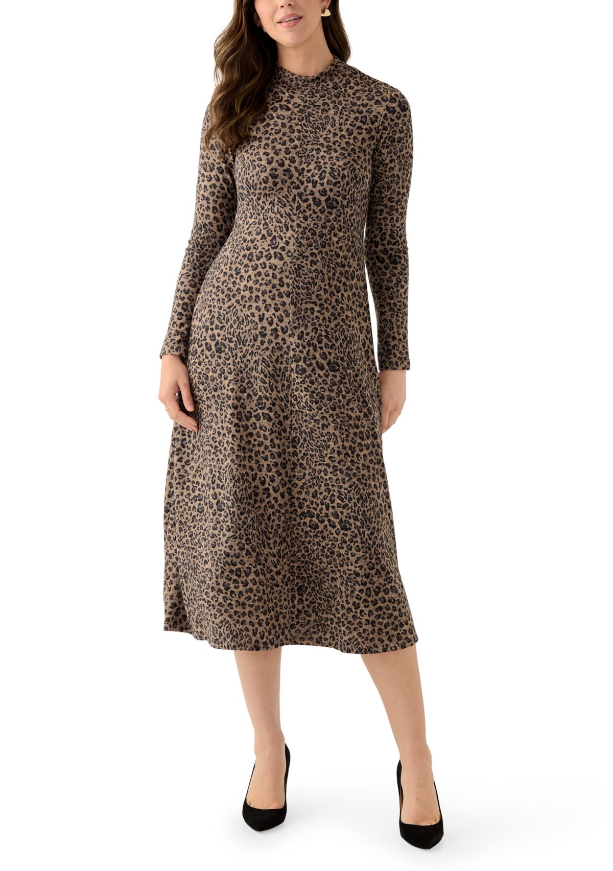 Womens Mock Neck Printed Hacci A-Line Dress