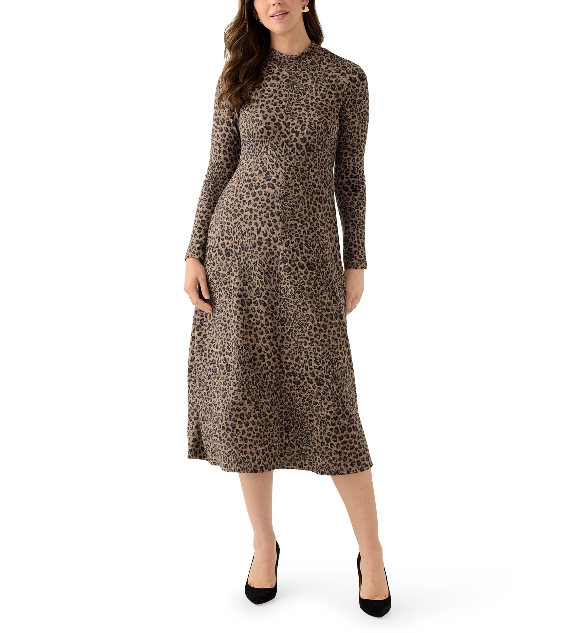 Womens Mock Neck Printed Hacci A-Line Dress