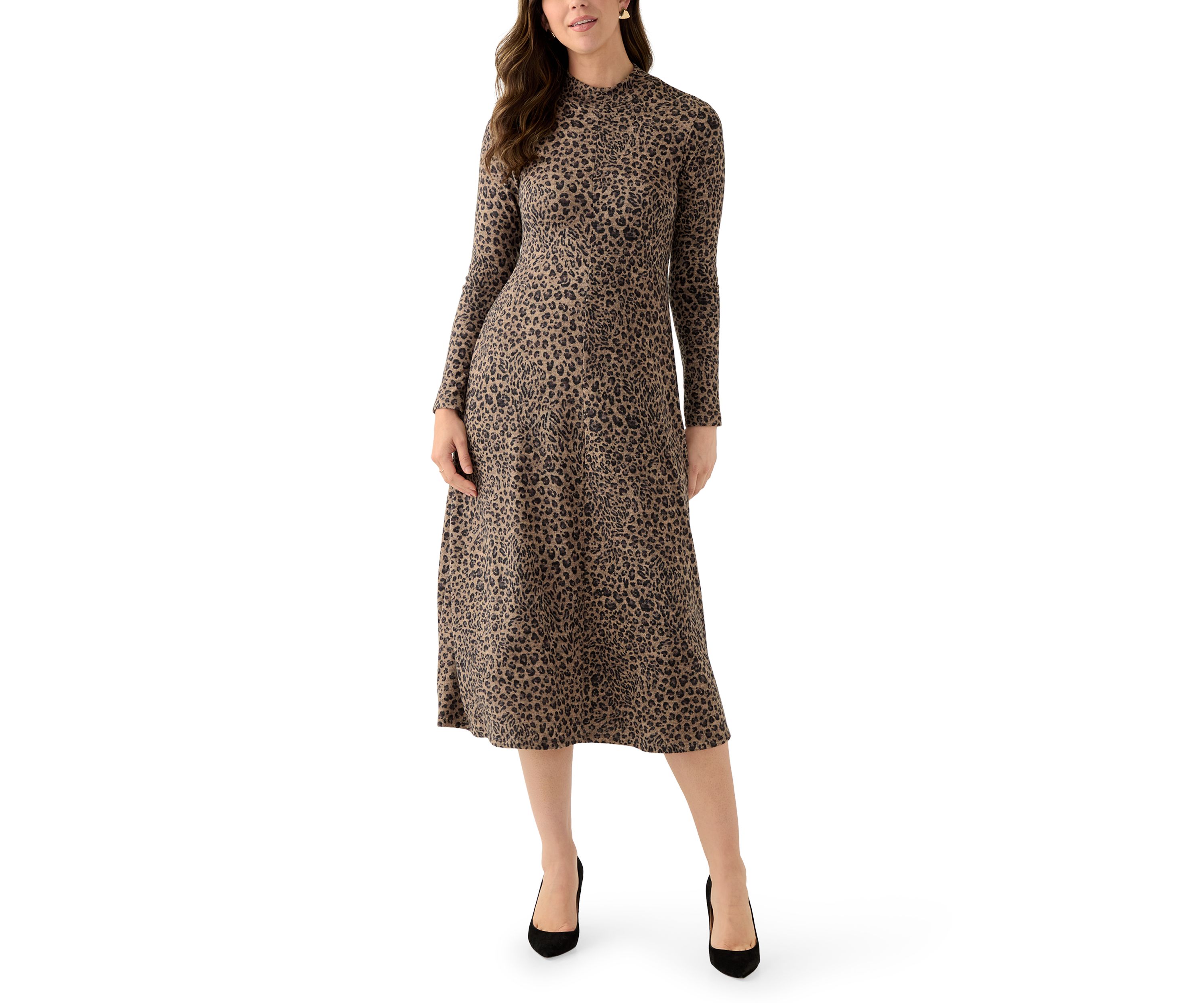 Womens Mock Neck Printed Hacci A-Line Dress