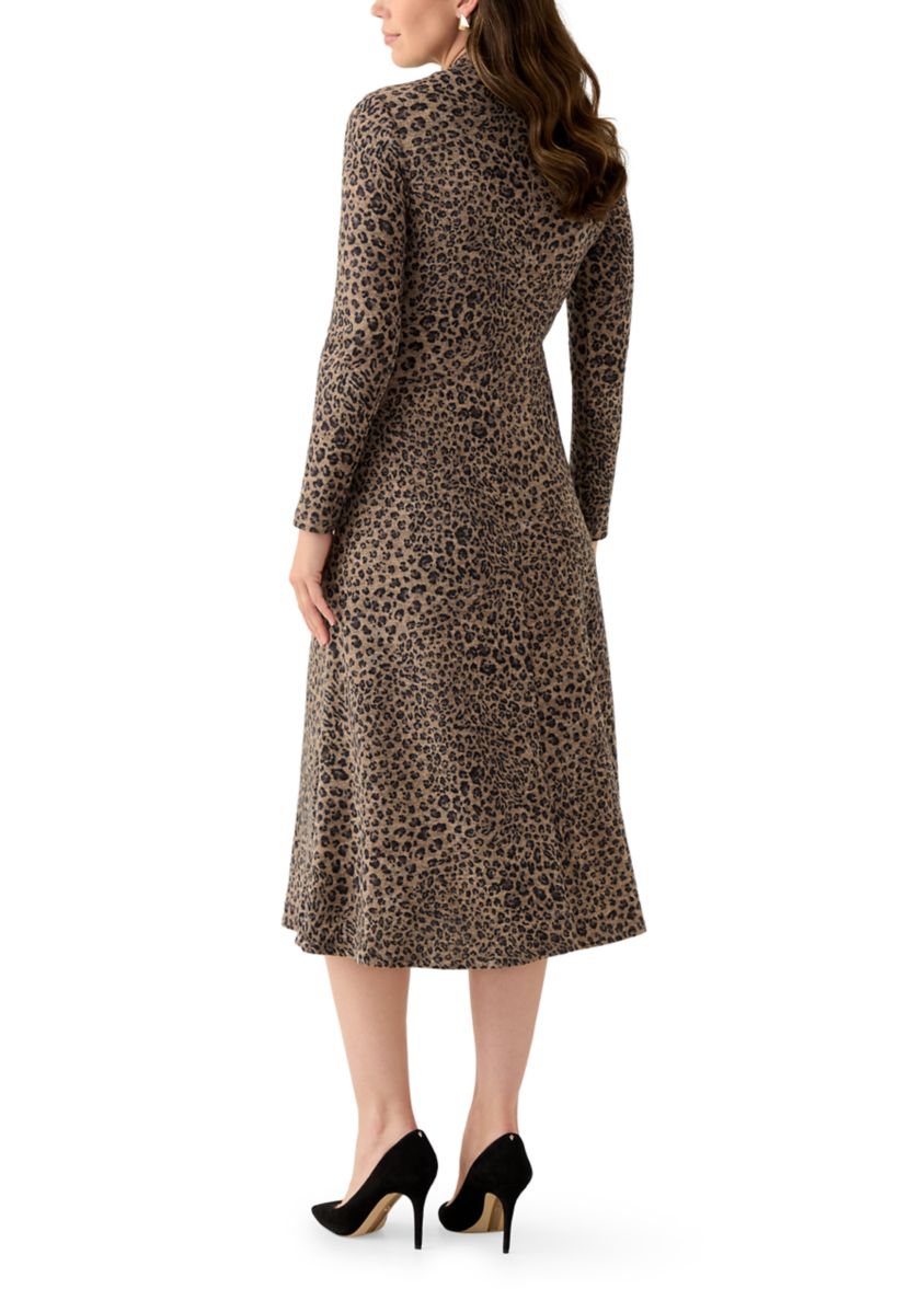 Womens Mock Neck Printed Hacci A-Line Dress