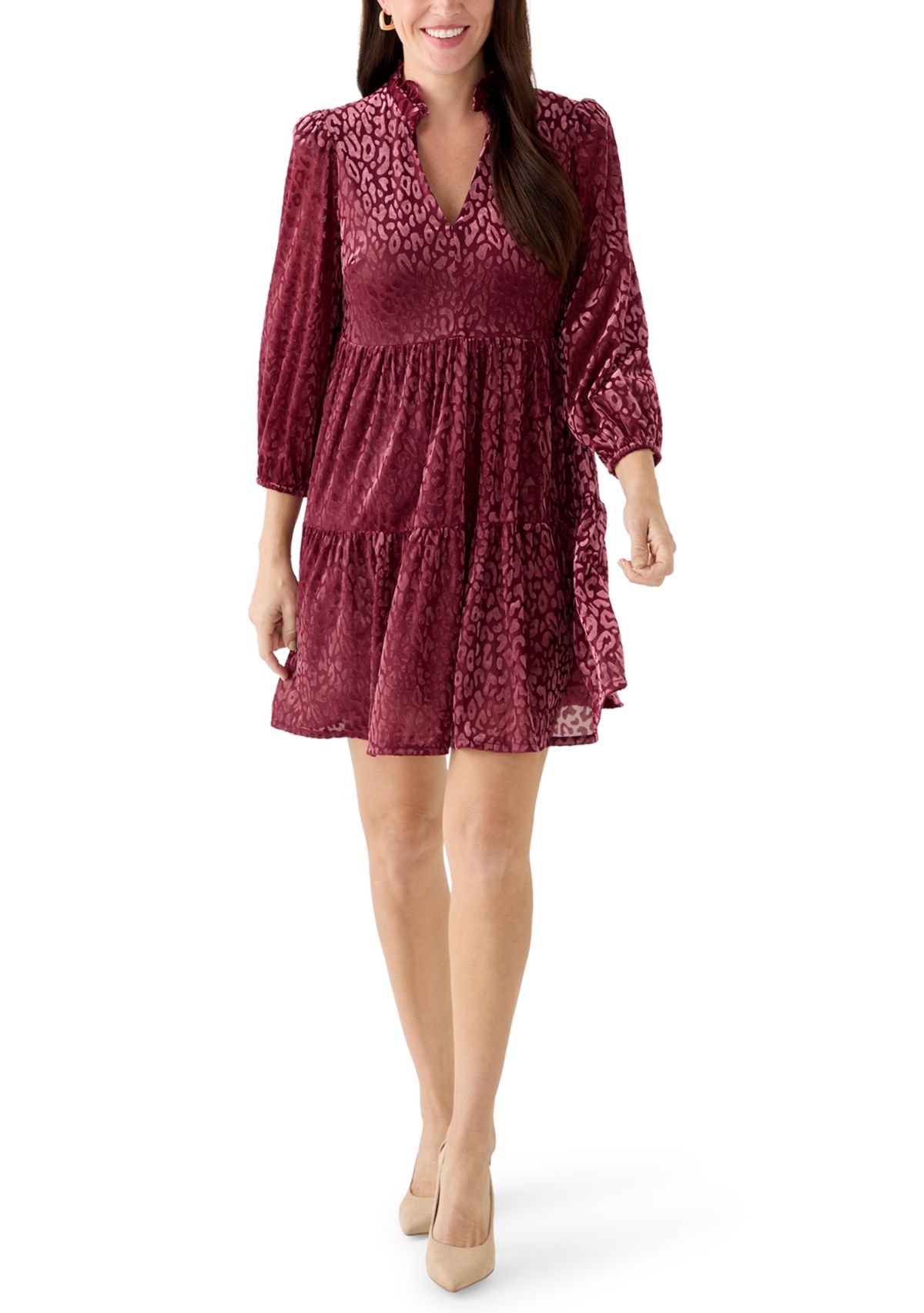 Womens 3/4 Sleeve V-Neck Animal Print Burnout Dress