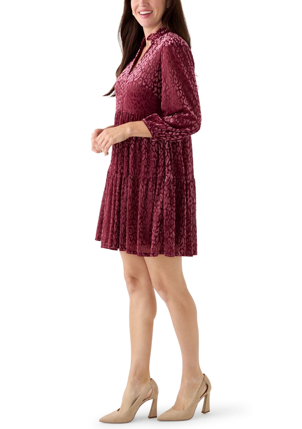 Womens 3/4 Sleeve V-Neck Animal Print Burnout Dress