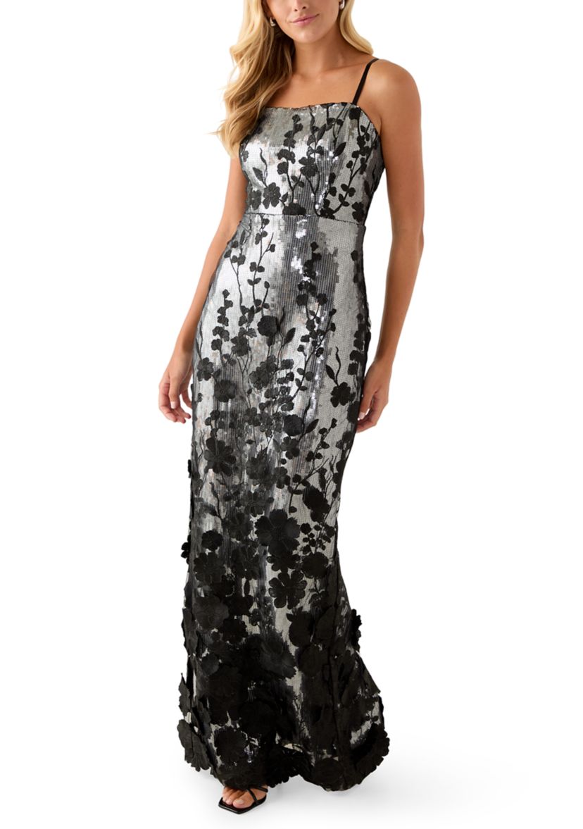 Womens Sleeveless Square Neck Sequin Embellished Gown