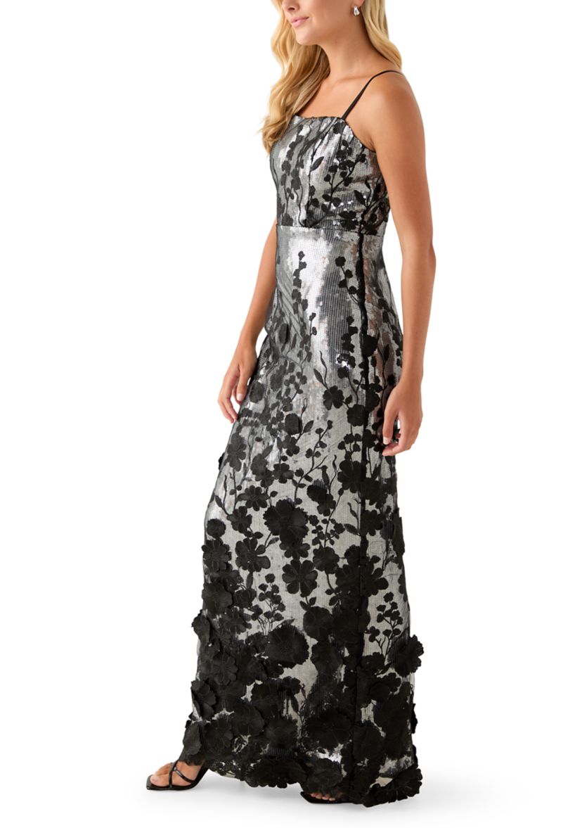 Womens Sleeveless Square Neck Sequin Embellished Gown