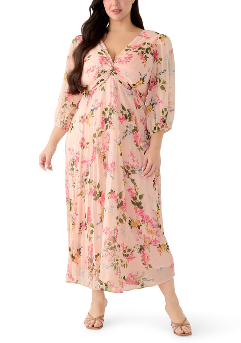 Maison Tara Plus Size Elbow Sleeve Pleated Floral Midi Dress | Belk