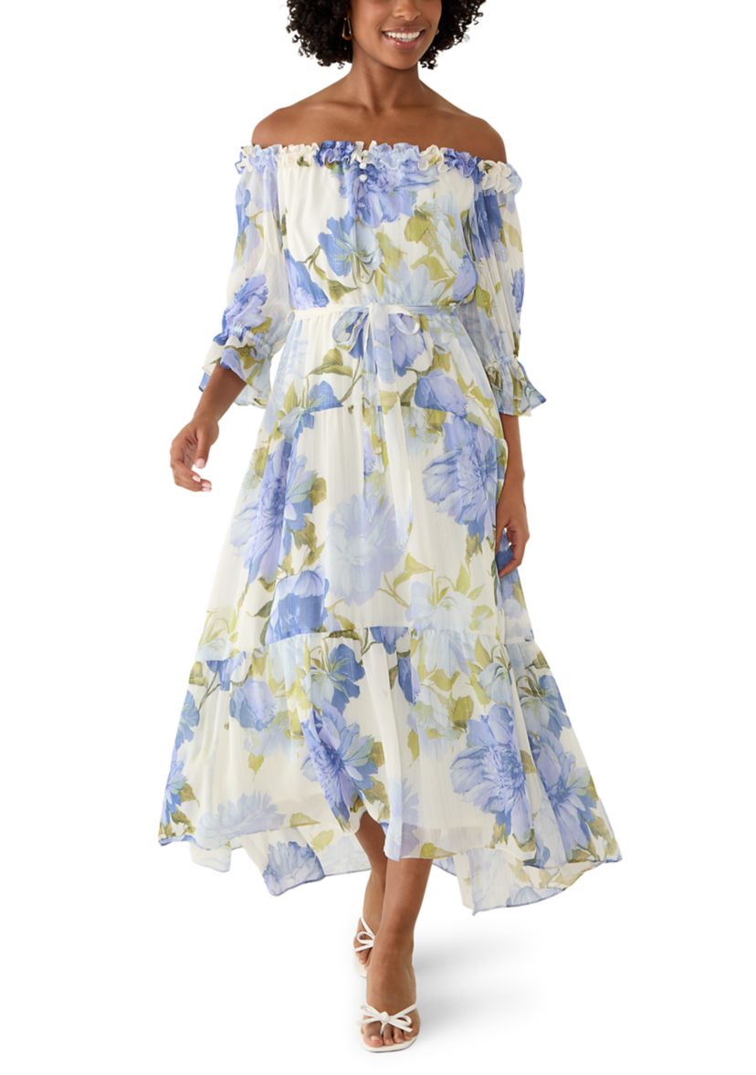 off shoulder orange dress Orange Floral Off Shoulder Flounce Maxi Dress – PinkBlush