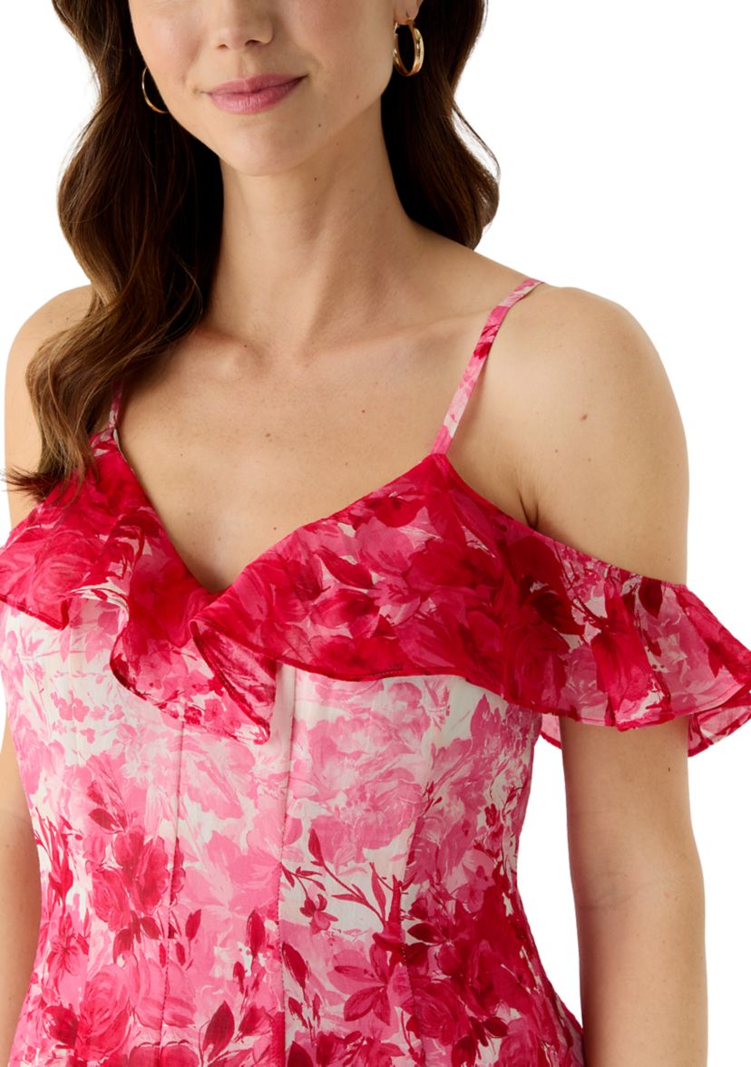 Maison Tara Women's Off the Shoulder Printed Chiffon Midi Dress | Belk
