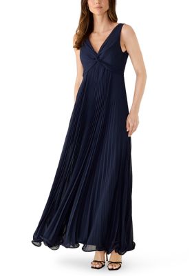 Maison Tara Women's Sleeveless V-Neck Animal Print Pleated Dress, Navy Blue, 16