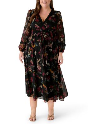 Maison Tara Women's Plus Size Long Bishop Sleeve Floral V-Neck Dress, Black, 22W