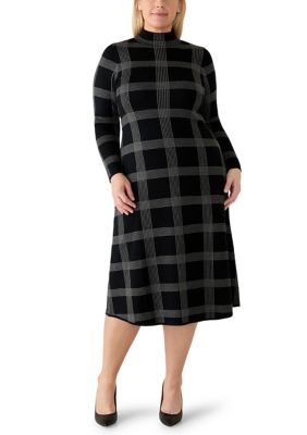 Maison Tara Women's Plus Size Long Sleeve Printed Mock Neck A-Line Sweater Dress
