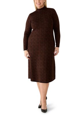 Maison Tara Women's Plus Size Long Sleeve Solid Mock Neck A-Line Sweater Dress