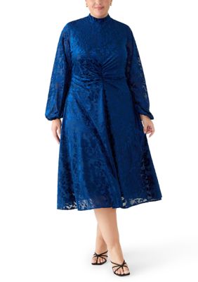Maison Tara Women's Plus Size Long Sleeve Burnout Velvet A-Line Dress