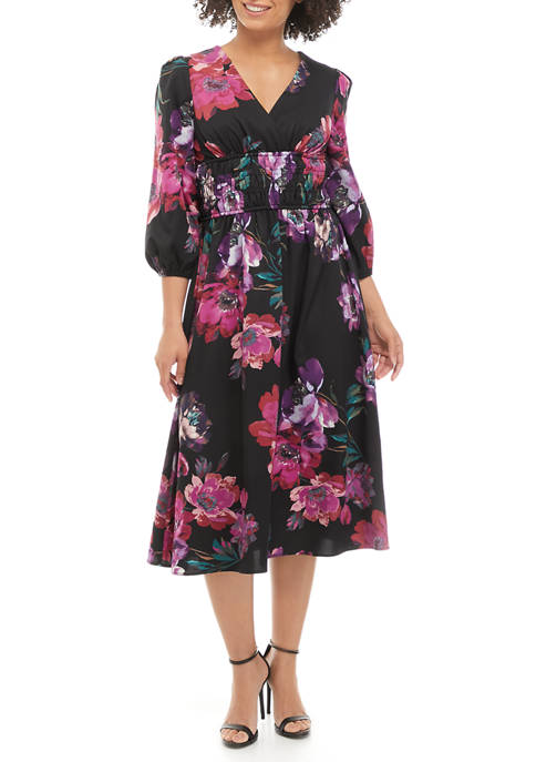 Womens 3/4 Sleeve Ruch Detail Floral Midi Woven Dress 