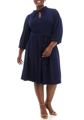 Plus 3/4 Sleeve Tie Waist Crepe Dress