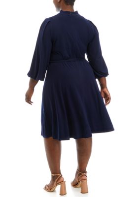 Plus 3/4 Sleeve Tie Waist Crepe Dress