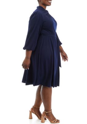 Plus 3/4 Sleeve Tie Waist Crepe Dress