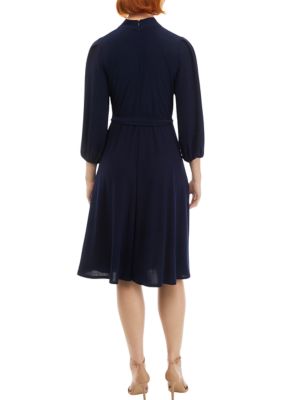 Women's 3/4 Sleeve Keyhole Neck Solid Crepe Fit and Flare Dress