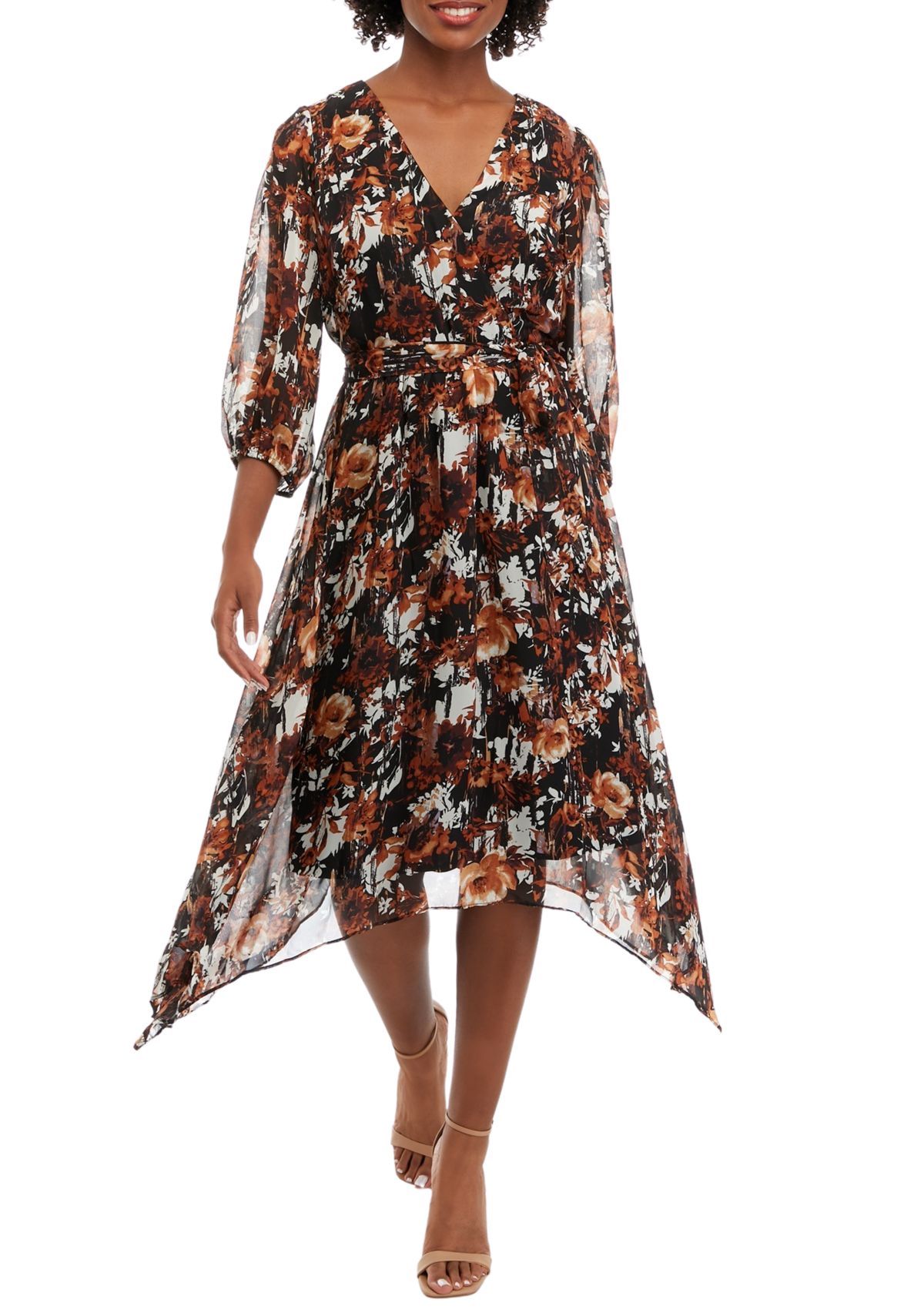 Womens V-Neck Tie Waist Floral Chiffon Fit and Flare Dress