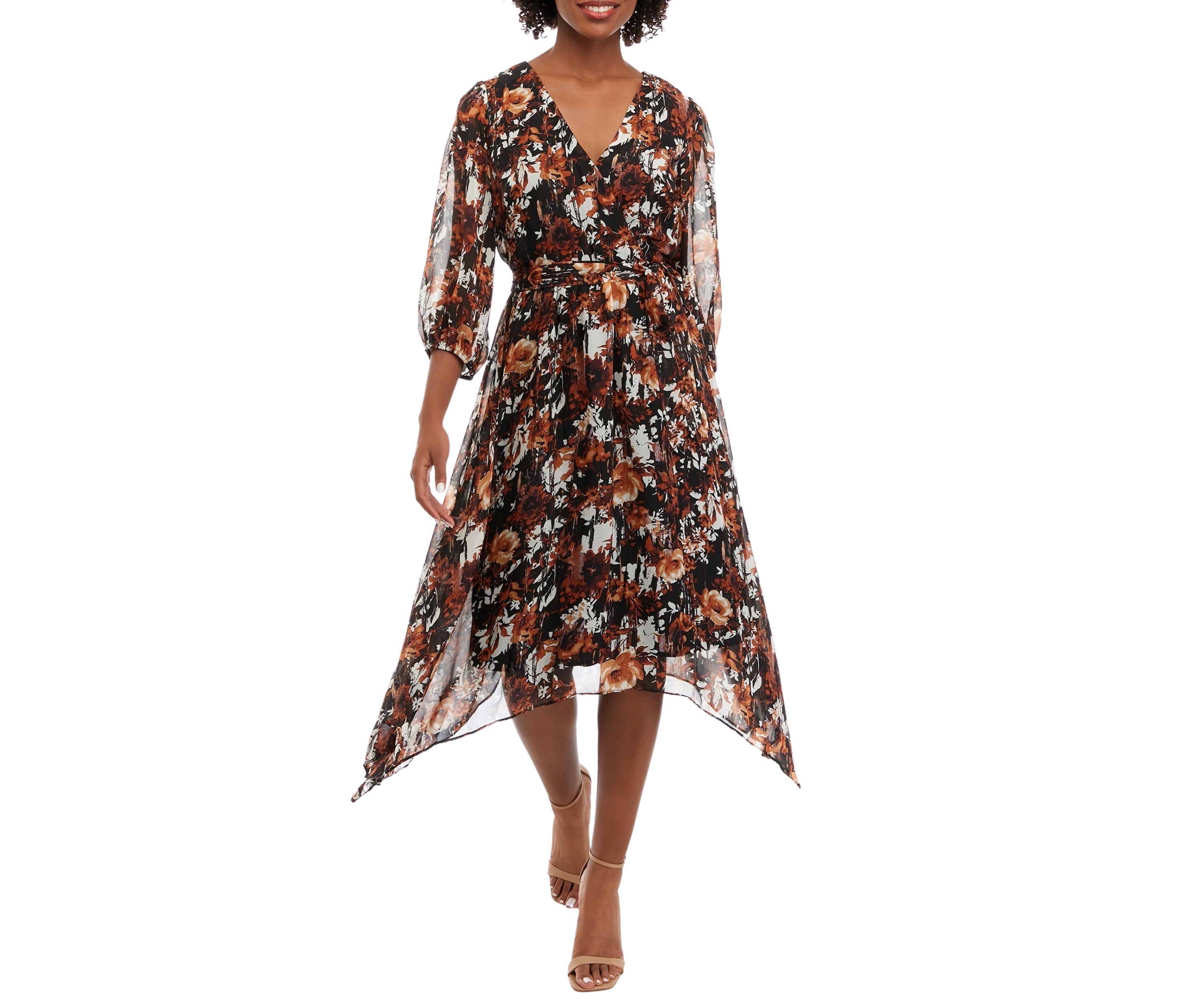 Womens V-Neck Tie Waist Floral Chiffon Fit and Flare Dress