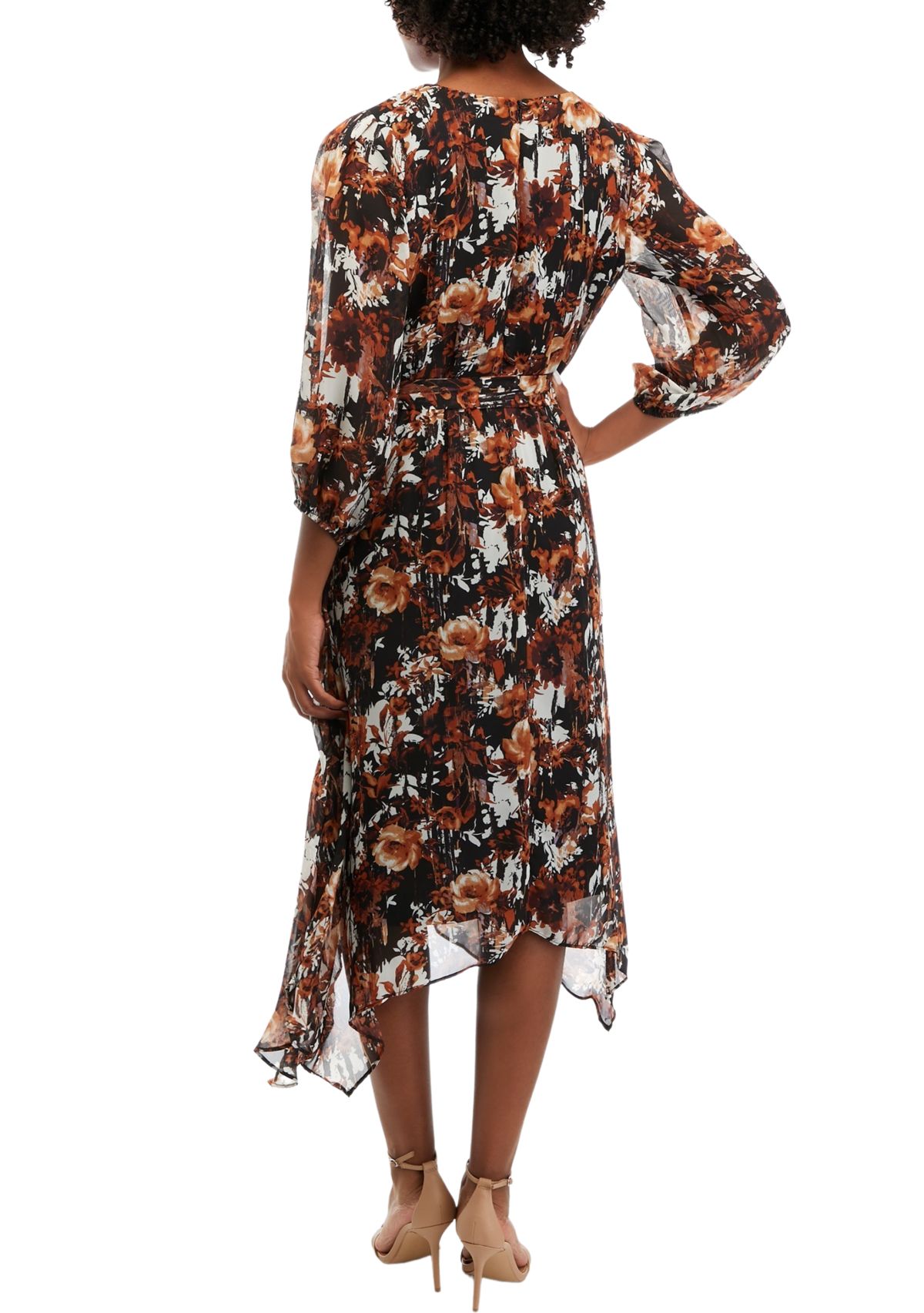 Womens V-Neck Tie Waist Floral Chiffon Fit and Flare Dress
