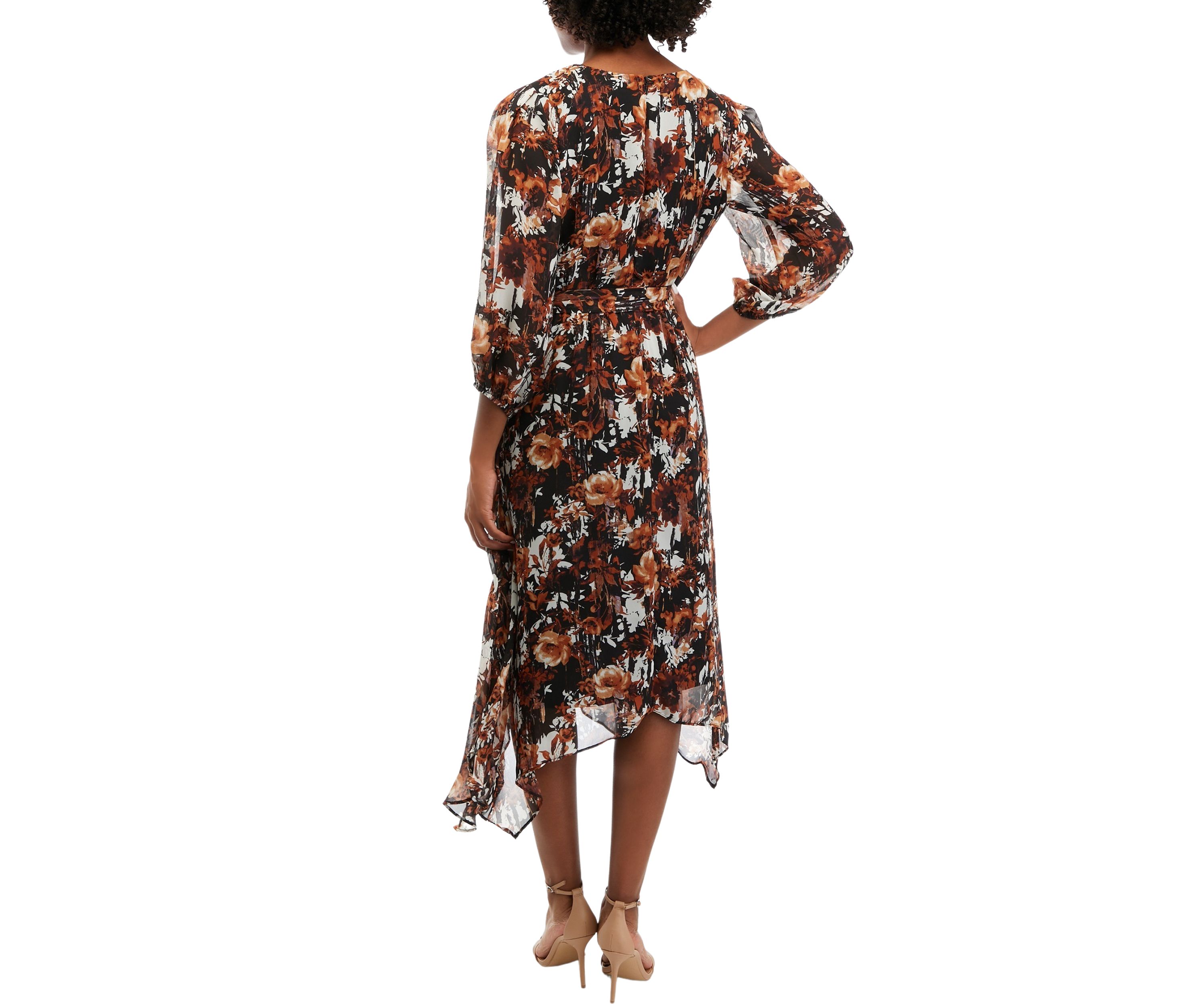 Womens V-Neck Tie Waist Floral Chiffon Fit and Flare Dress