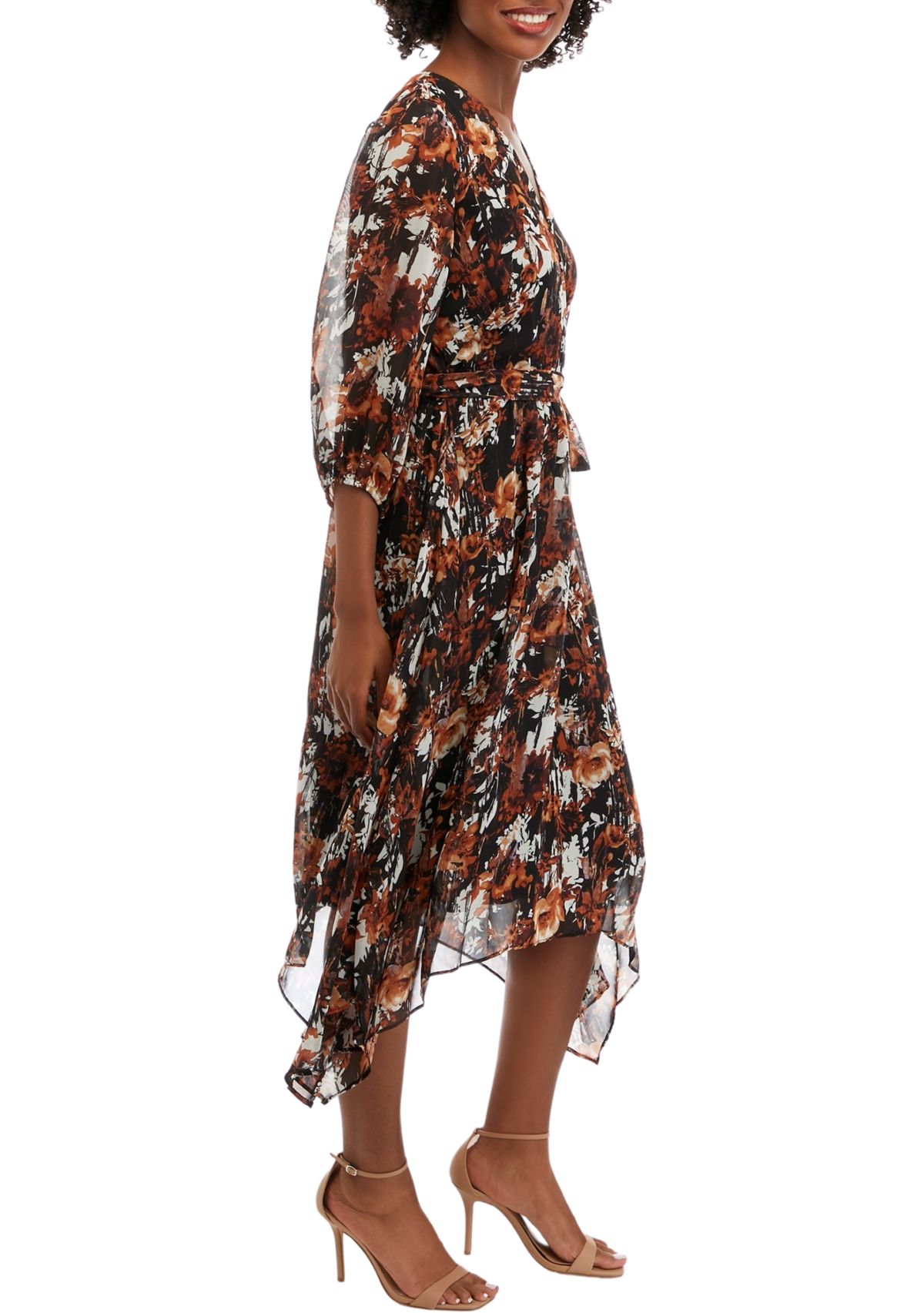 Womens V-Neck Tie Waist Floral Chiffon Fit and Flare Dress