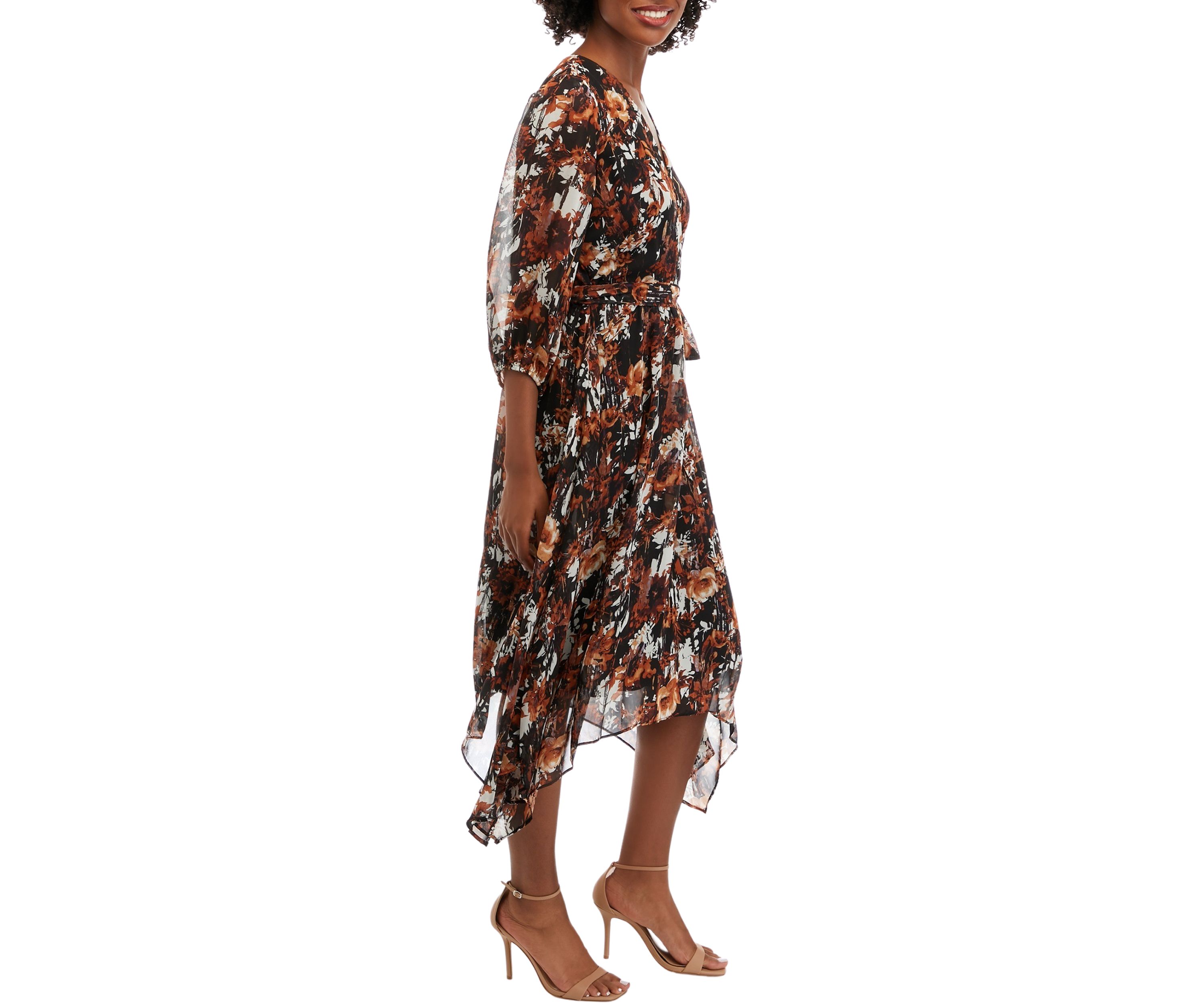 Womens V-Neck Tie Waist Floral Chiffon Fit and Flare Dress