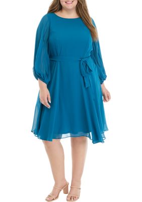 Plus Long Sleeve Round Neck Solid Chiffon Fit and Flare Dress
