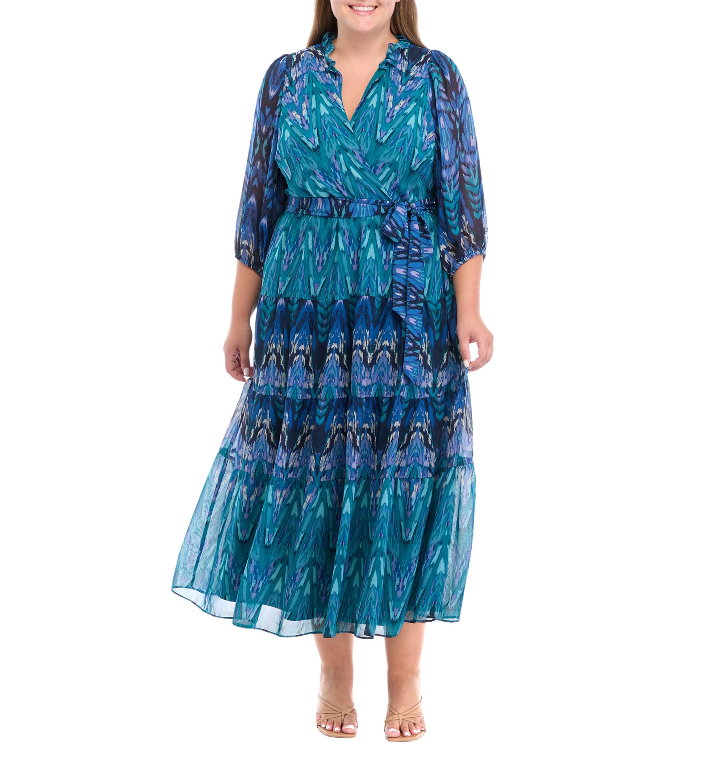 Plus Size 3/4 Sleeve Printed Fit and Flare Dress