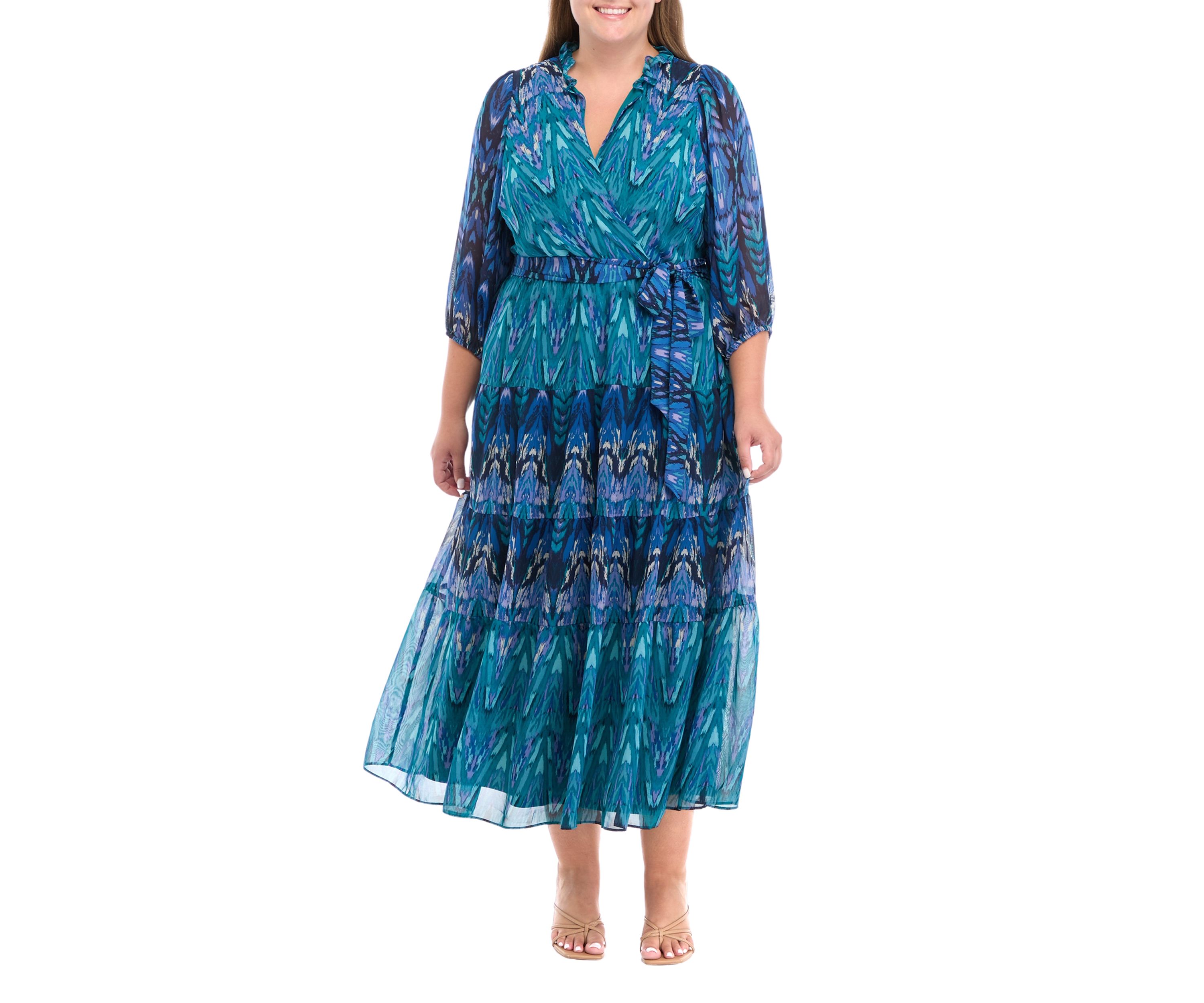 Plus Size 3/4 Sleeve Printed Fit and Flare Dress