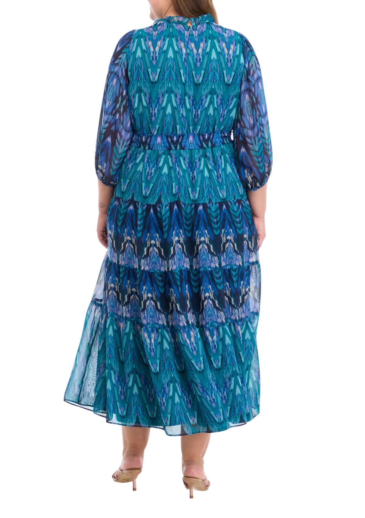 Plus Size 3/4 Sleeve Printed Fit and Flare Dress