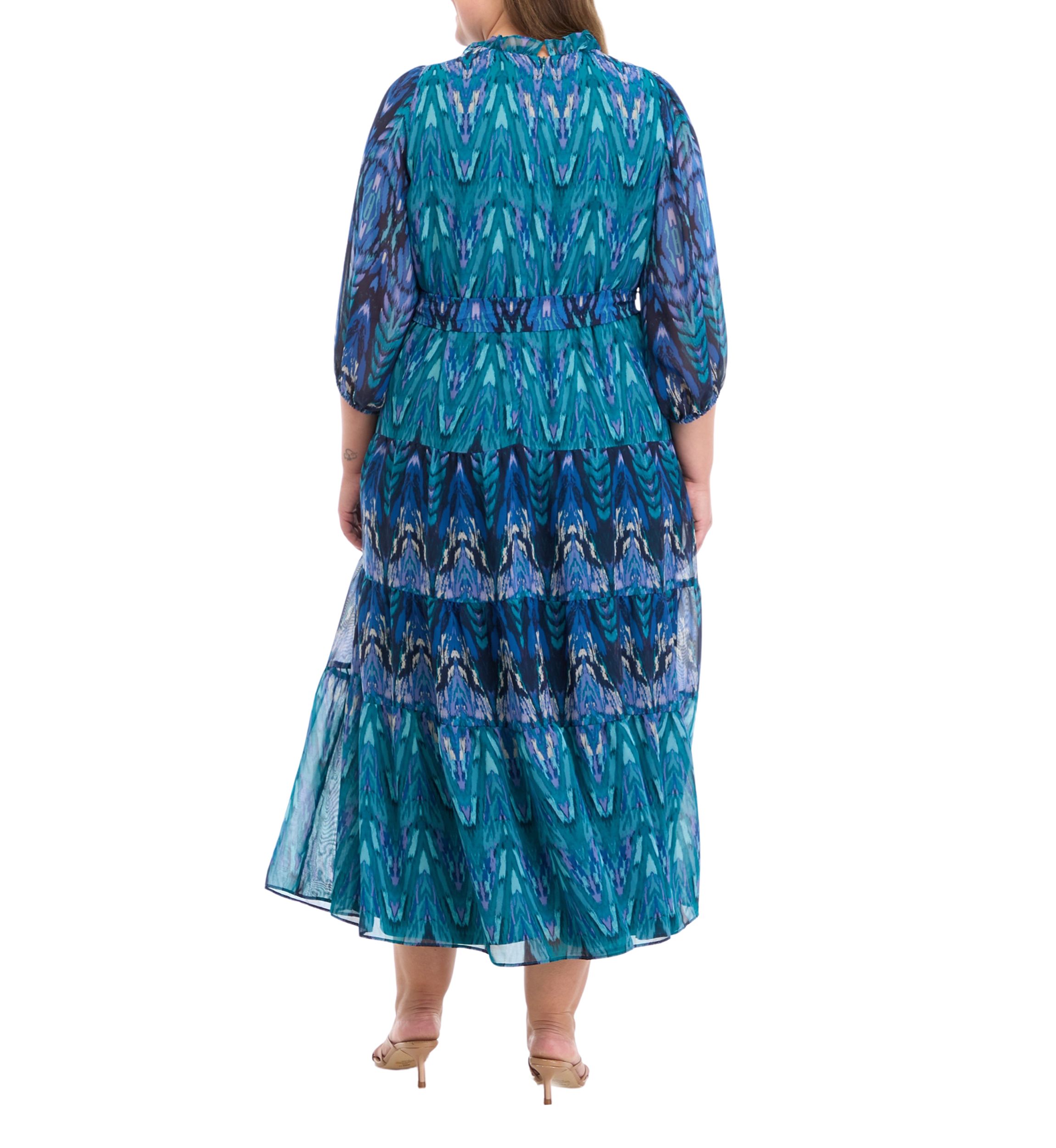 Plus Size 3/4 Sleeve Printed Fit and Flare Dress