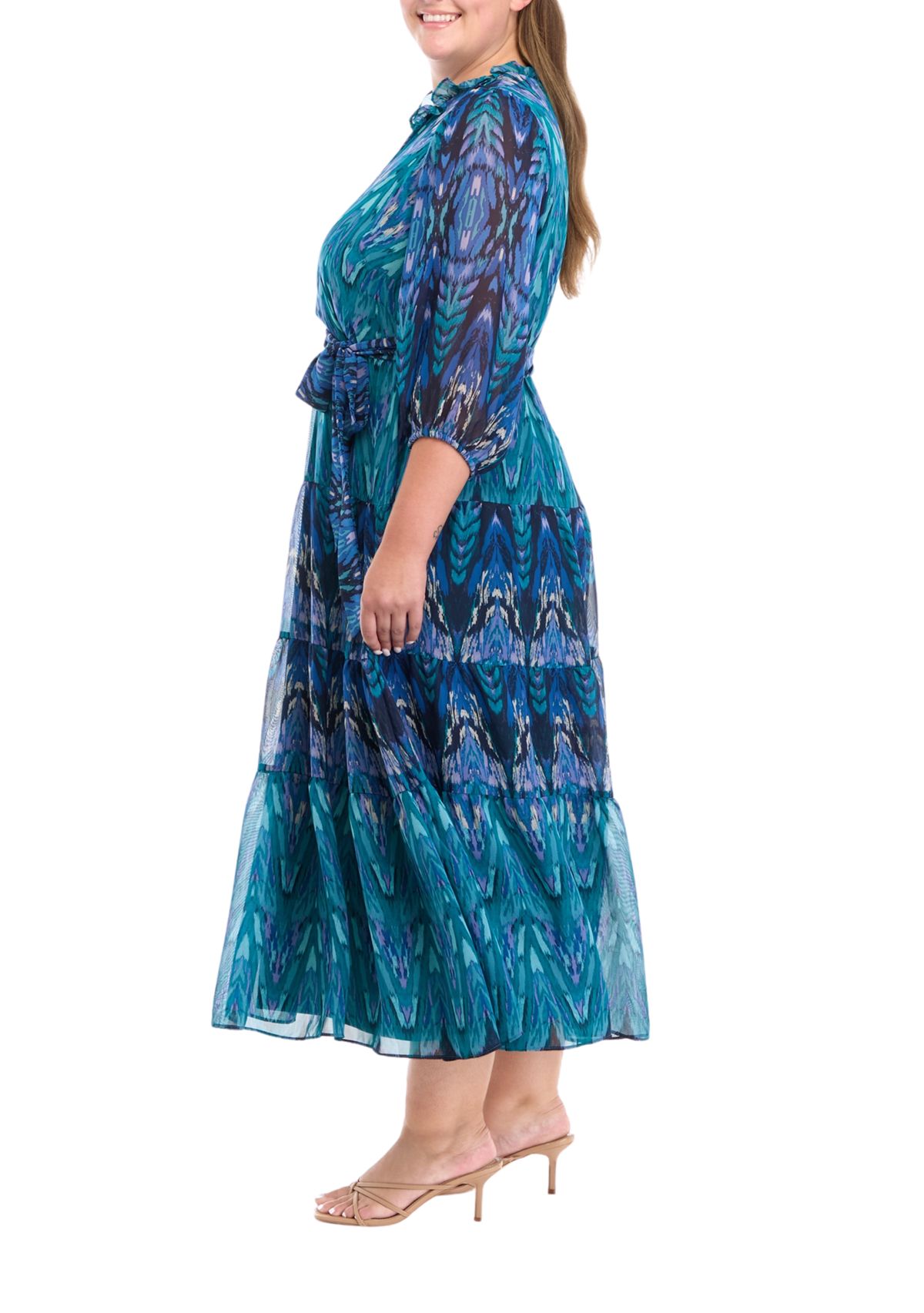 Plus Size 3/4 Sleeve Printed Fit and Flare Dress