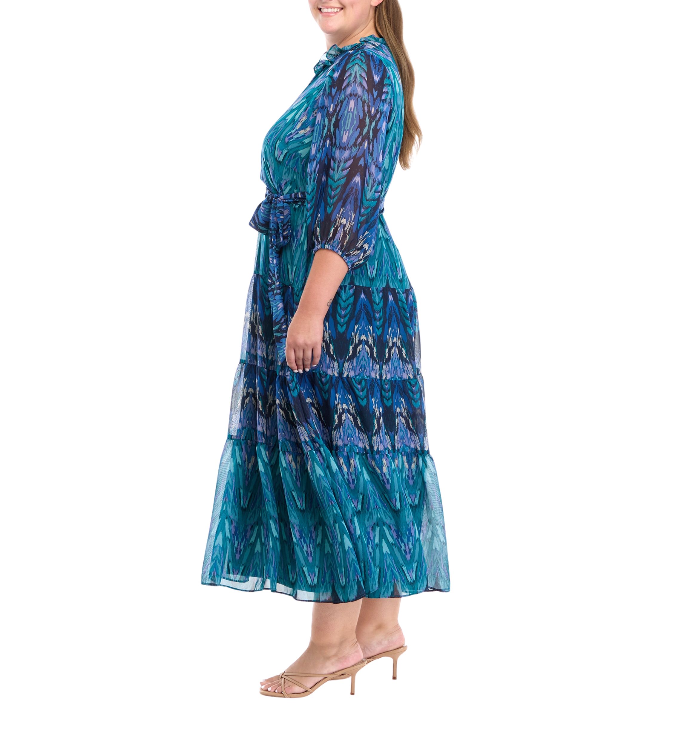 Plus Size 3/4 Sleeve Printed Fit and Flare Dress