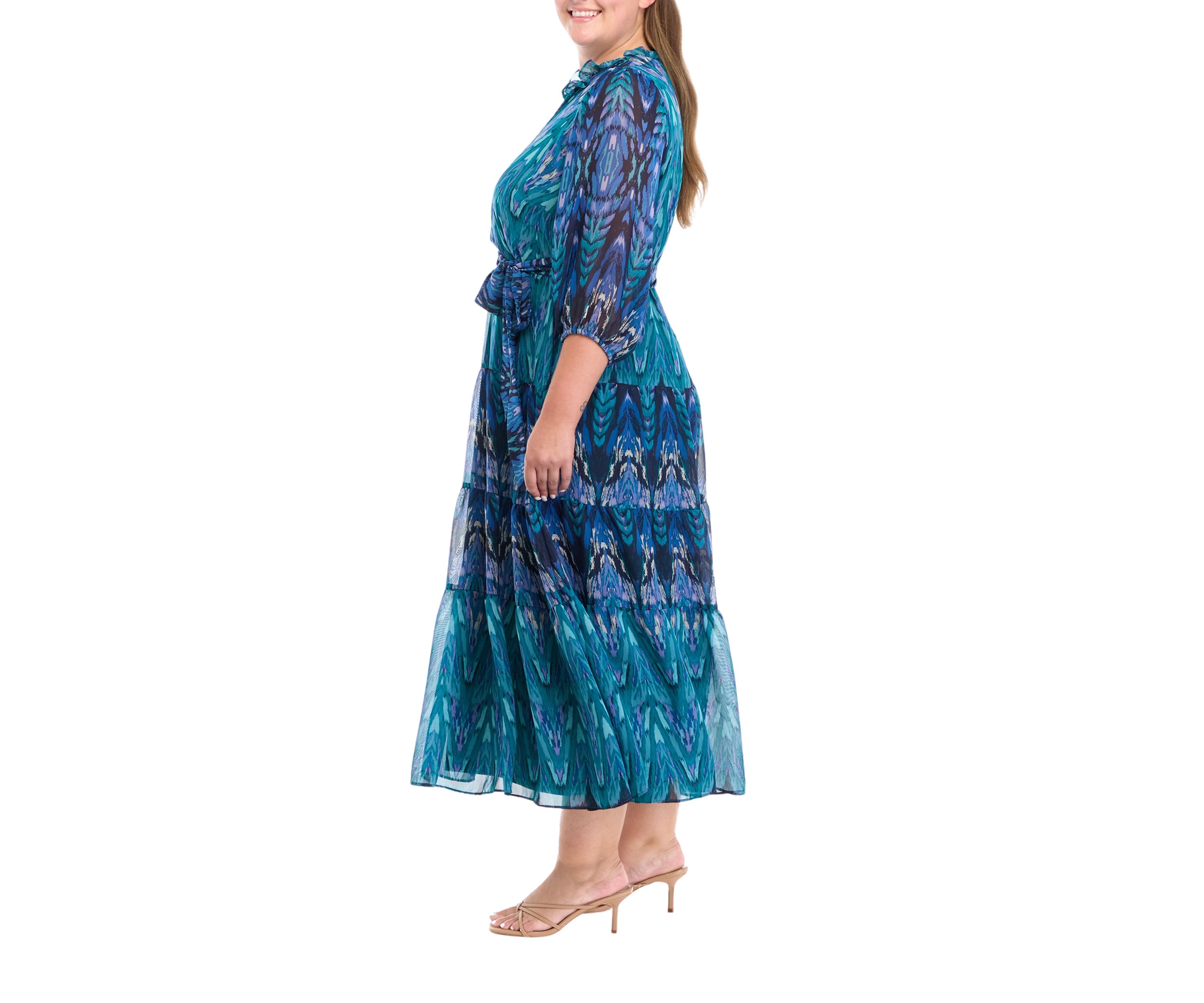 Plus Size 3/4 Sleeve Printed Fit and Flare Dress
