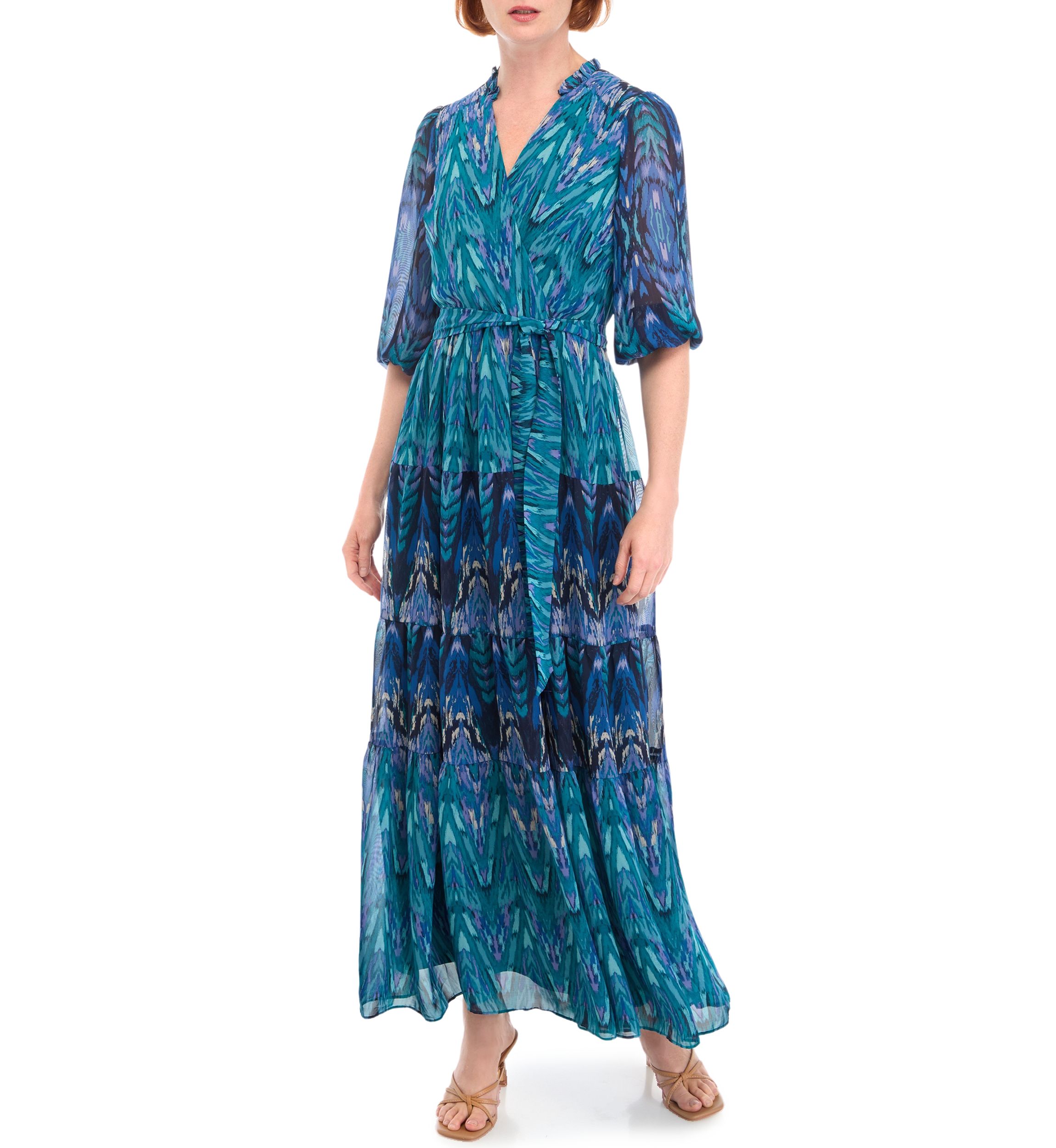 Womens 3/4 Sleeve V-Neck Printed Maxi Dress