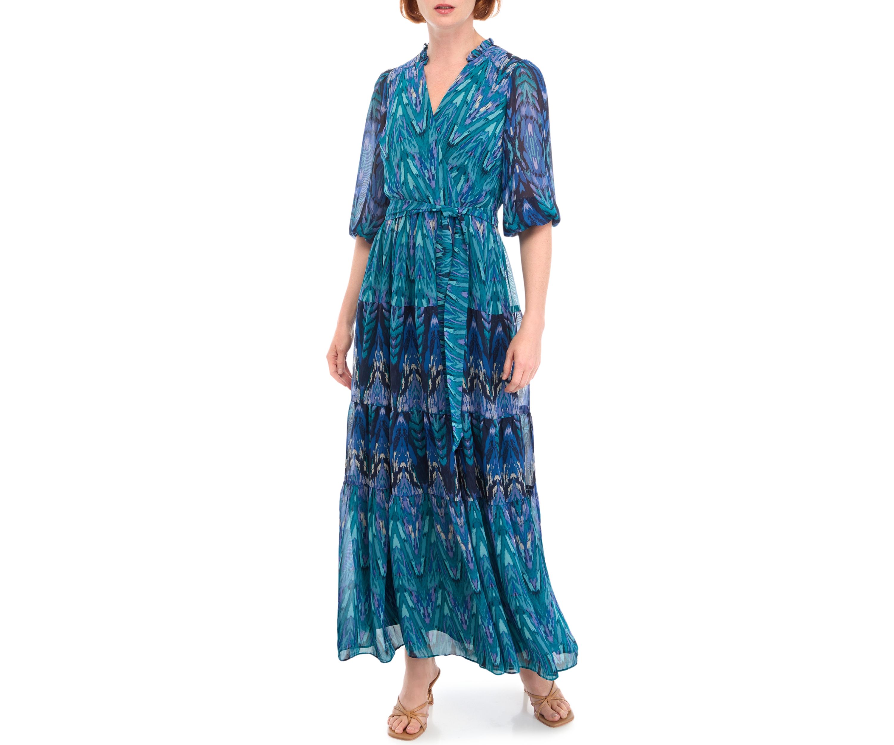 Womens 3/4 Sleeve V-Neck Printed Maxi Dress