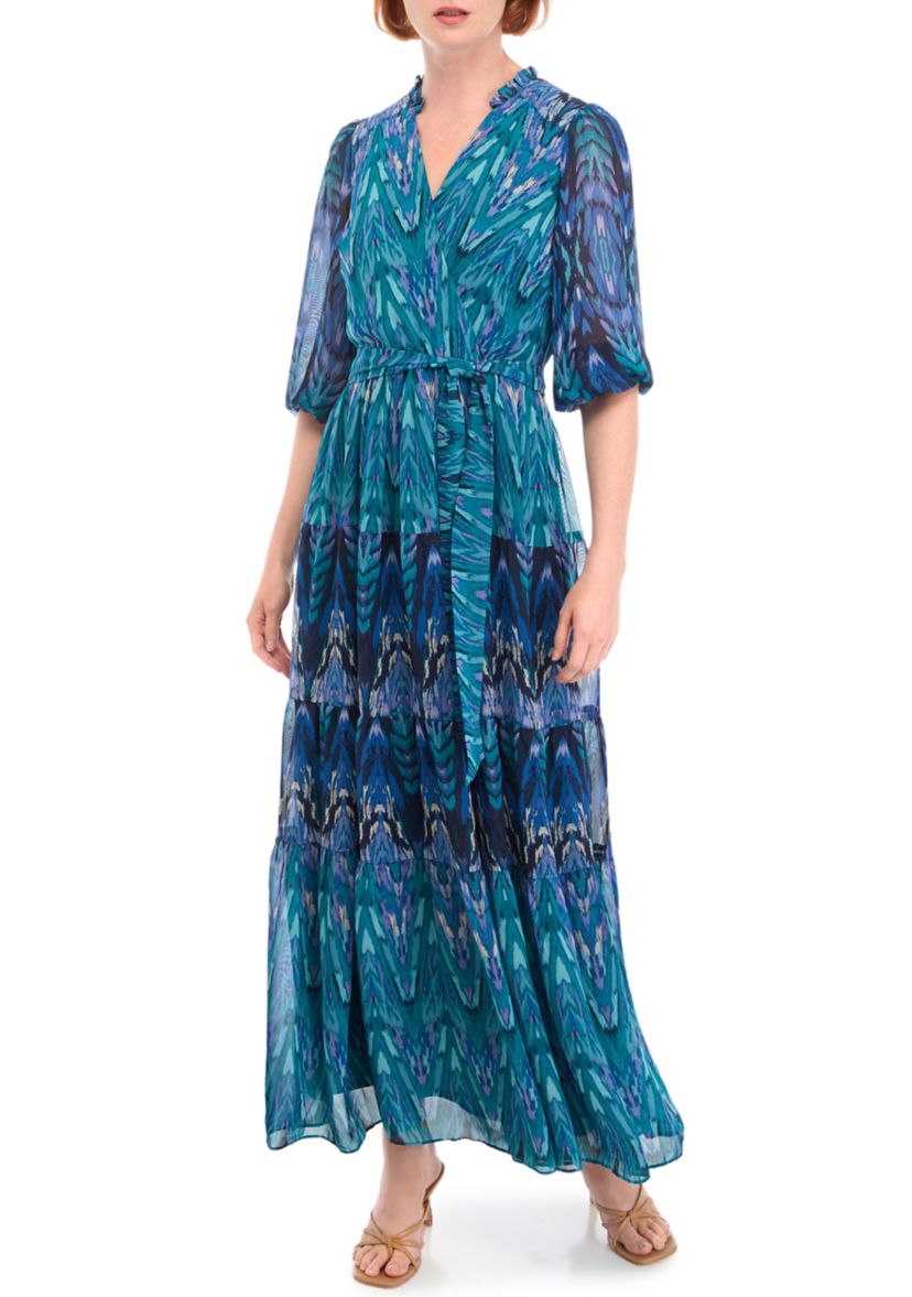Womens 3/4 Sleeve V-Neck Printed Maxi Dress
