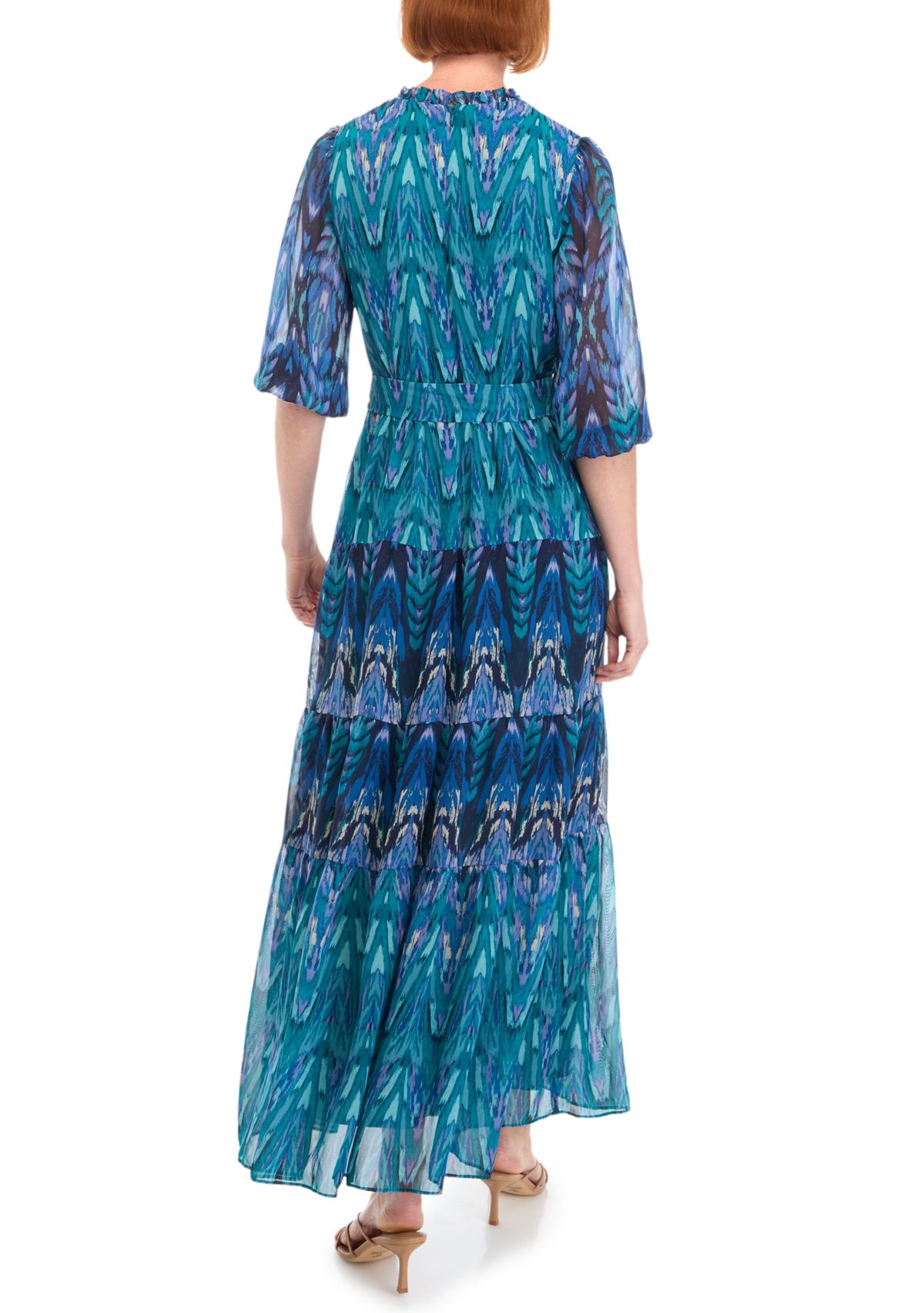 Womens 3/4 Sleeve V-Neck Printed Maxi Dress