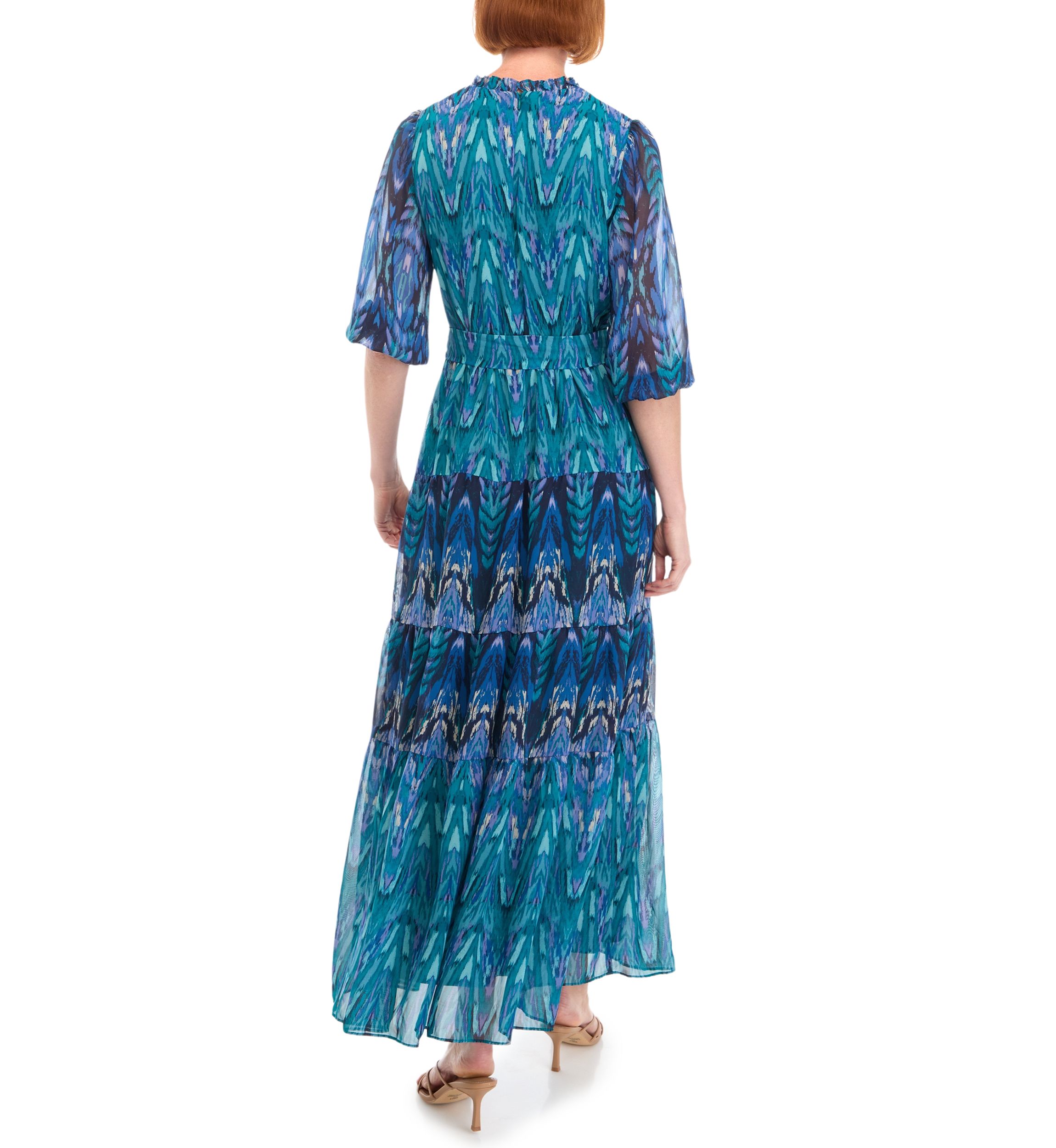 Womens 3/4 Sleeve V-Neck Printed Maxi Dress