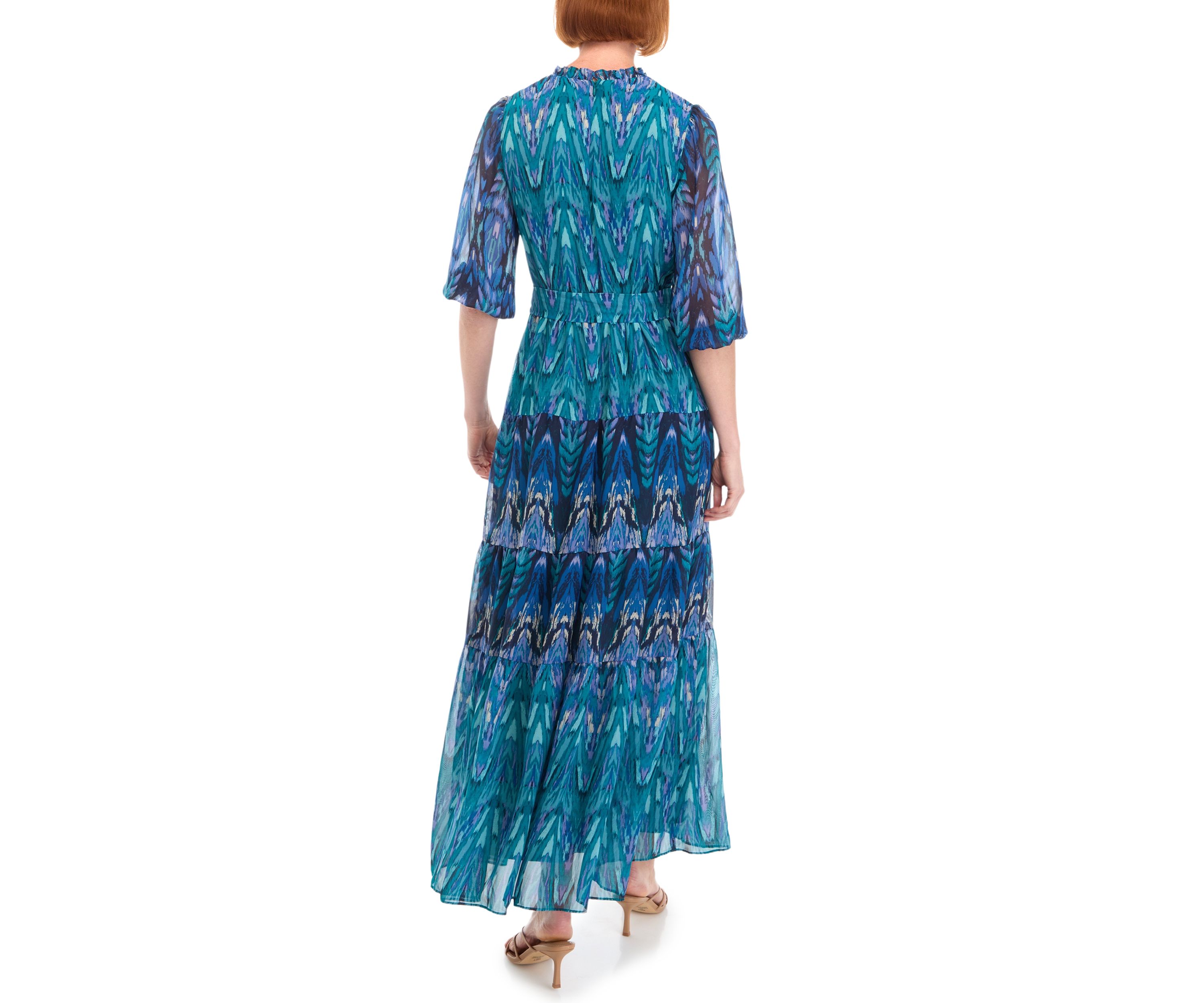 Womens 3/4 Sleeve V-Neck Printed Maxi Dress
