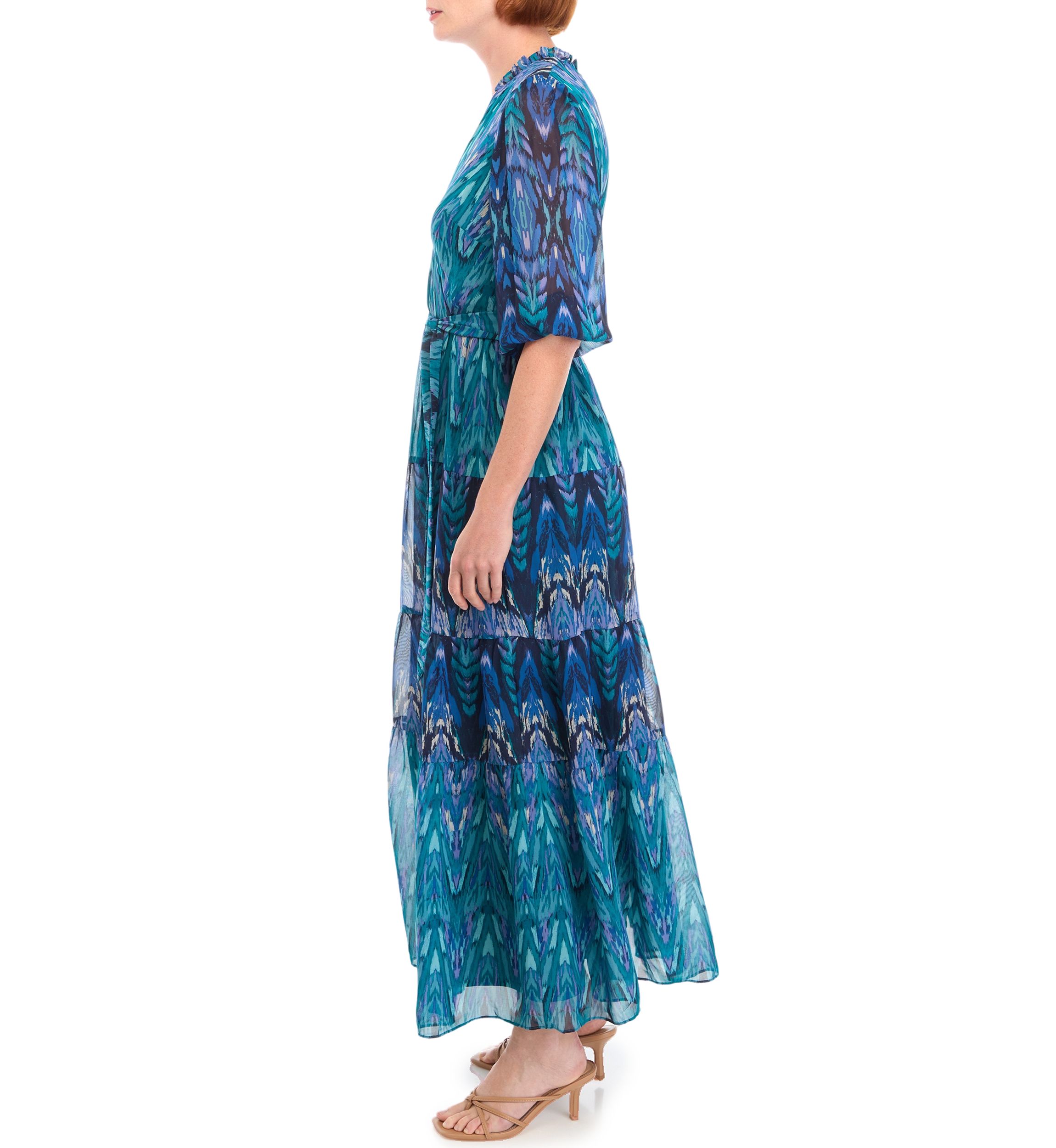 Womens 3/4 Sleeve V-Neck Printed Maxi Dress