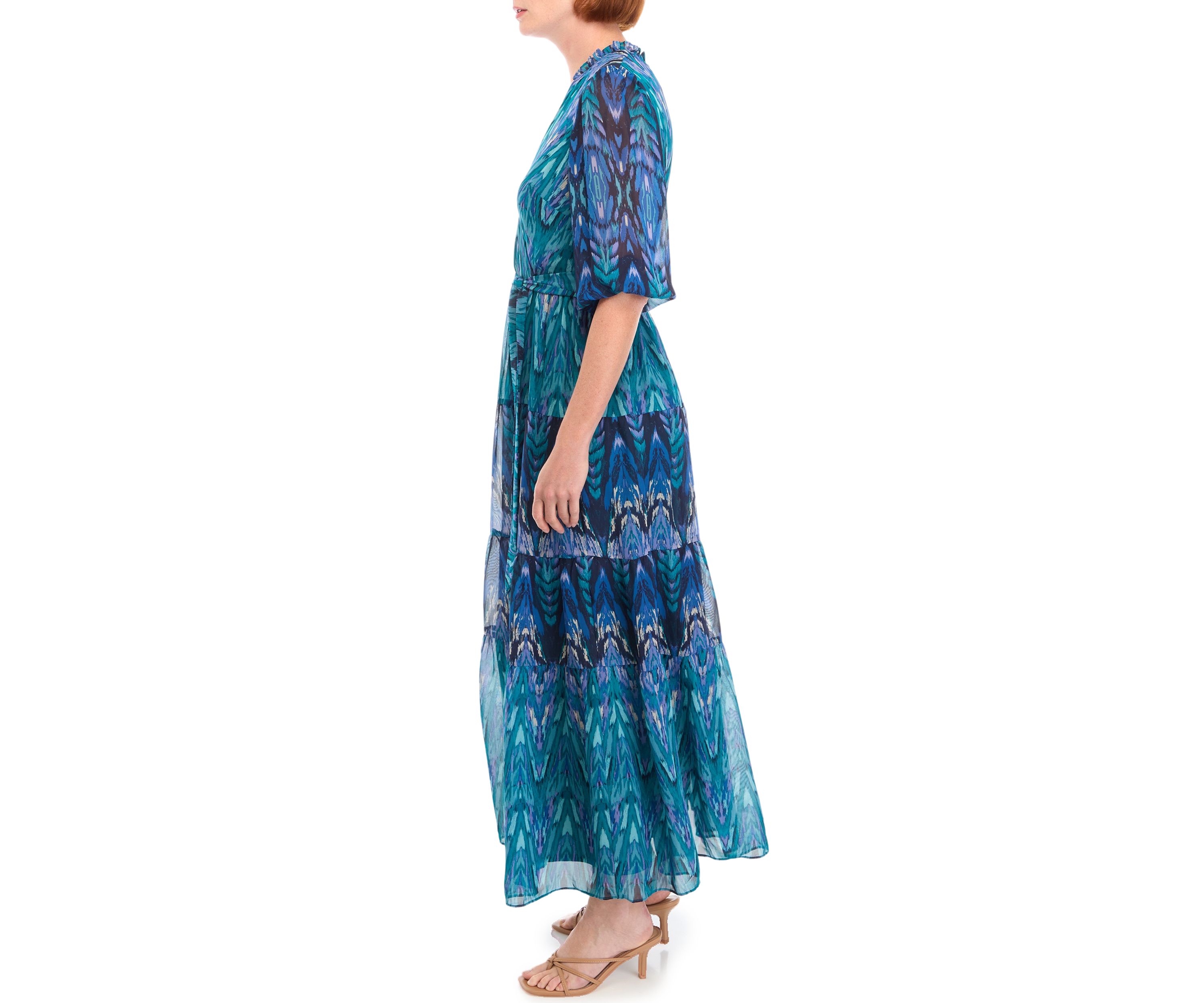 Womens 3/4 Sleeve V-Neck Printed Maxi Dress