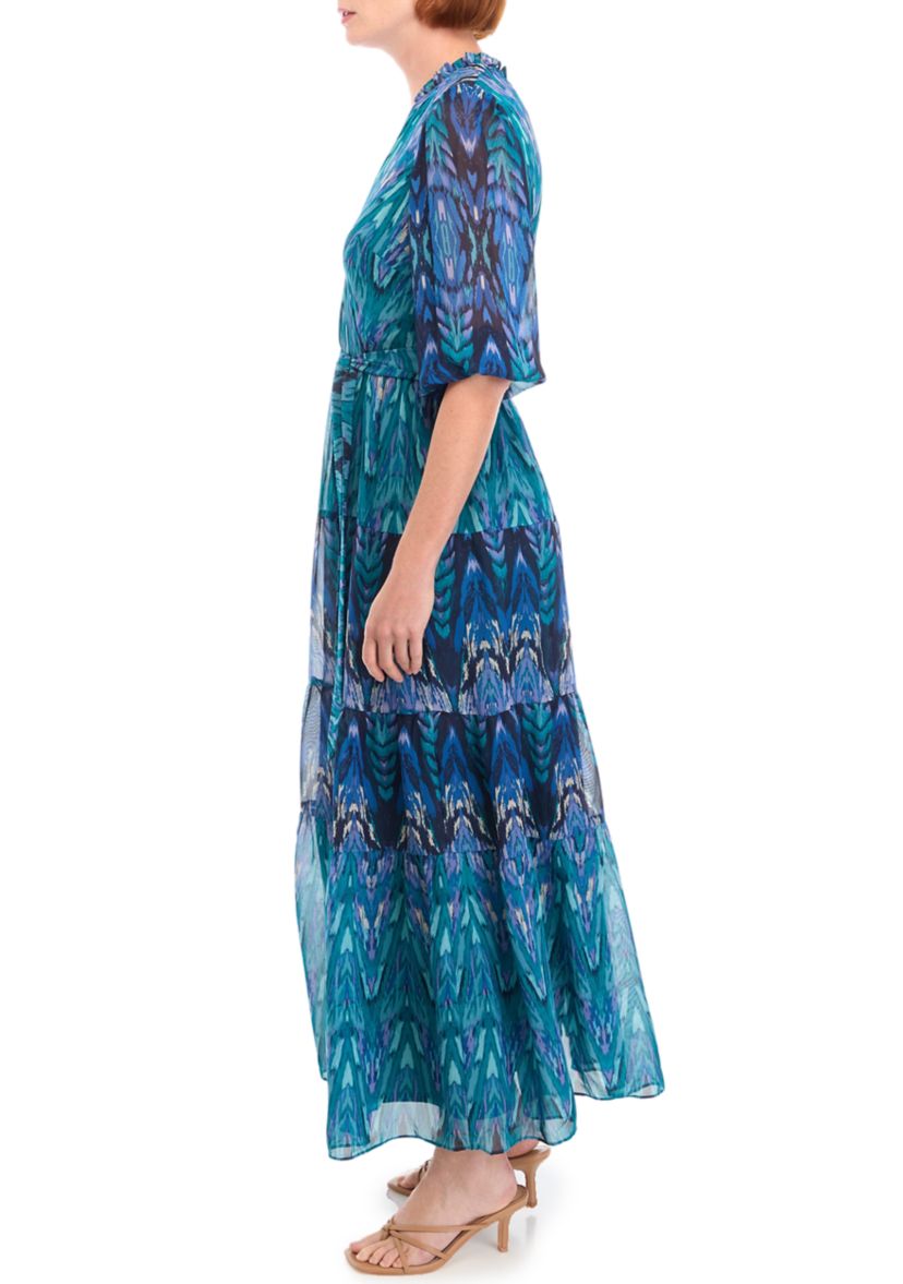Womens 3/4 Sleeve V-Neck Printed Maxi Dress