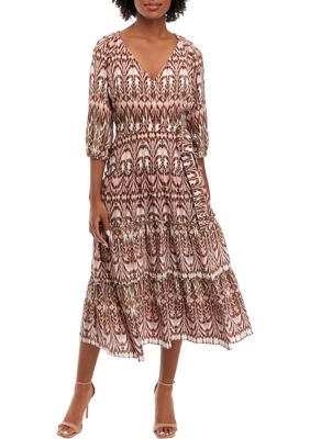 Women's V-Neck Ikat Print Tie Waist Fit and Flare Dress