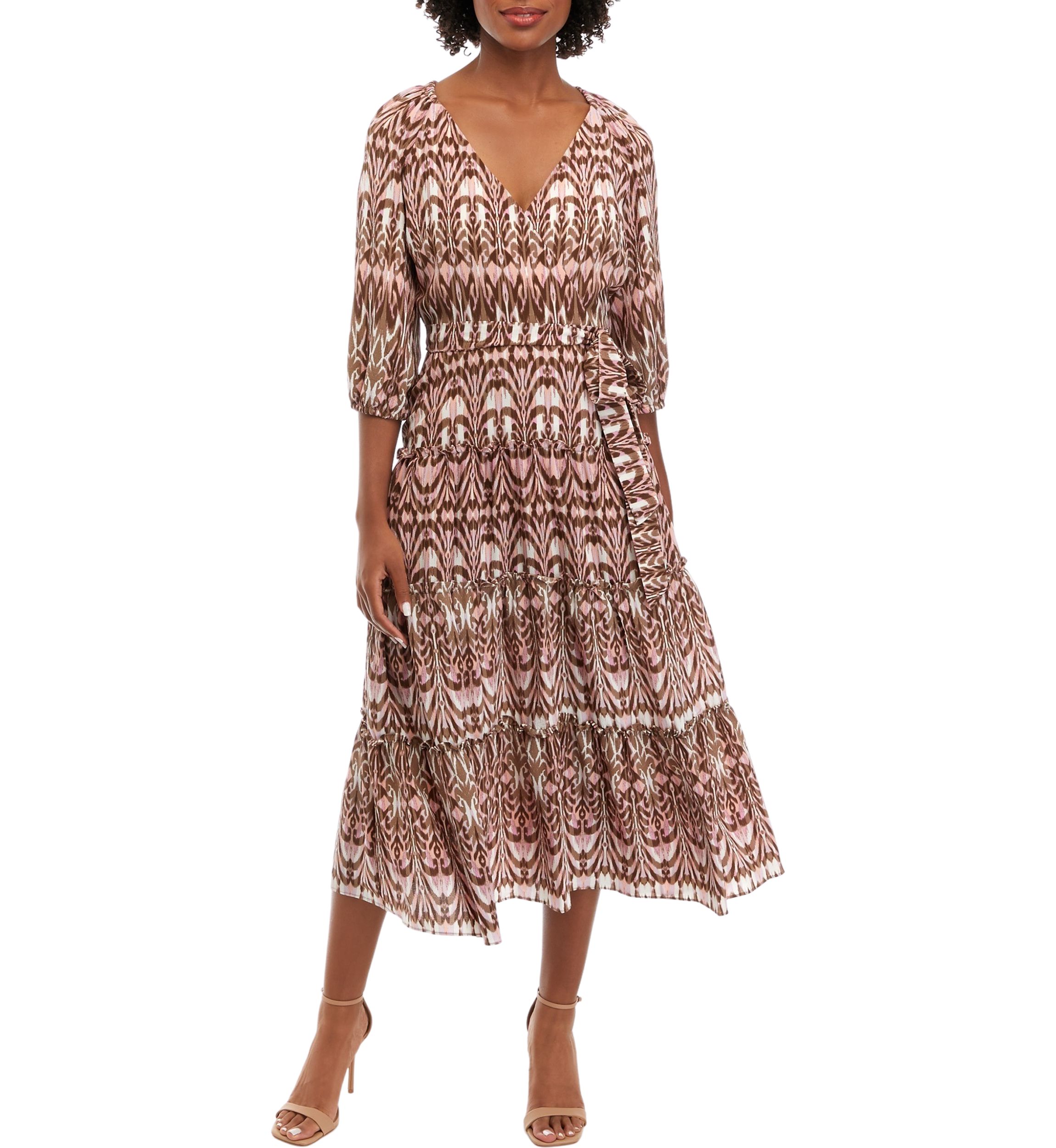 Womens V-Neck Ikat Print Tie Waist Fit and Flare Dress